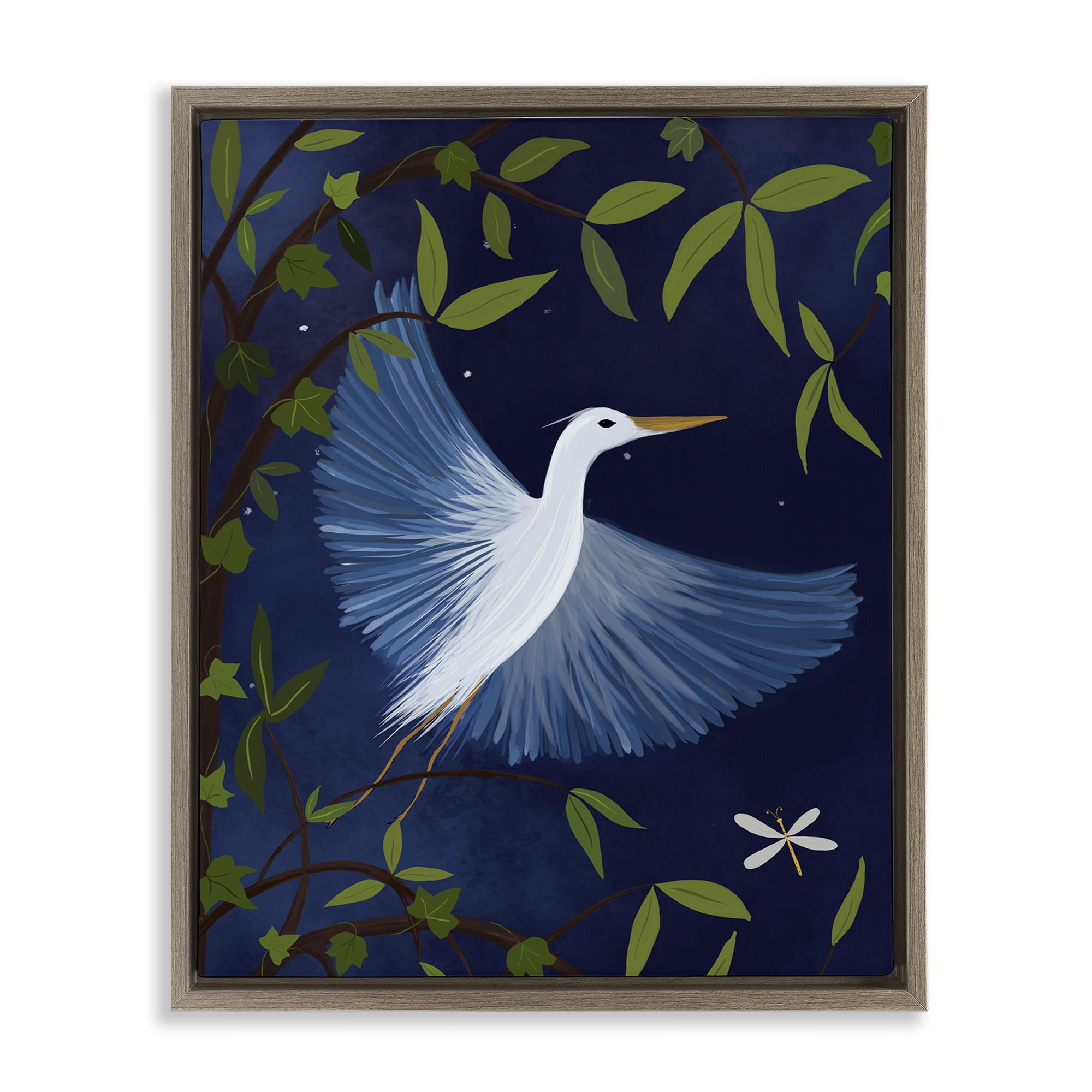 Stupell Industries Heron in Night Forest Animals Painting Brown Floater Framed Canvas Art Print Wall Art, 17 x 21