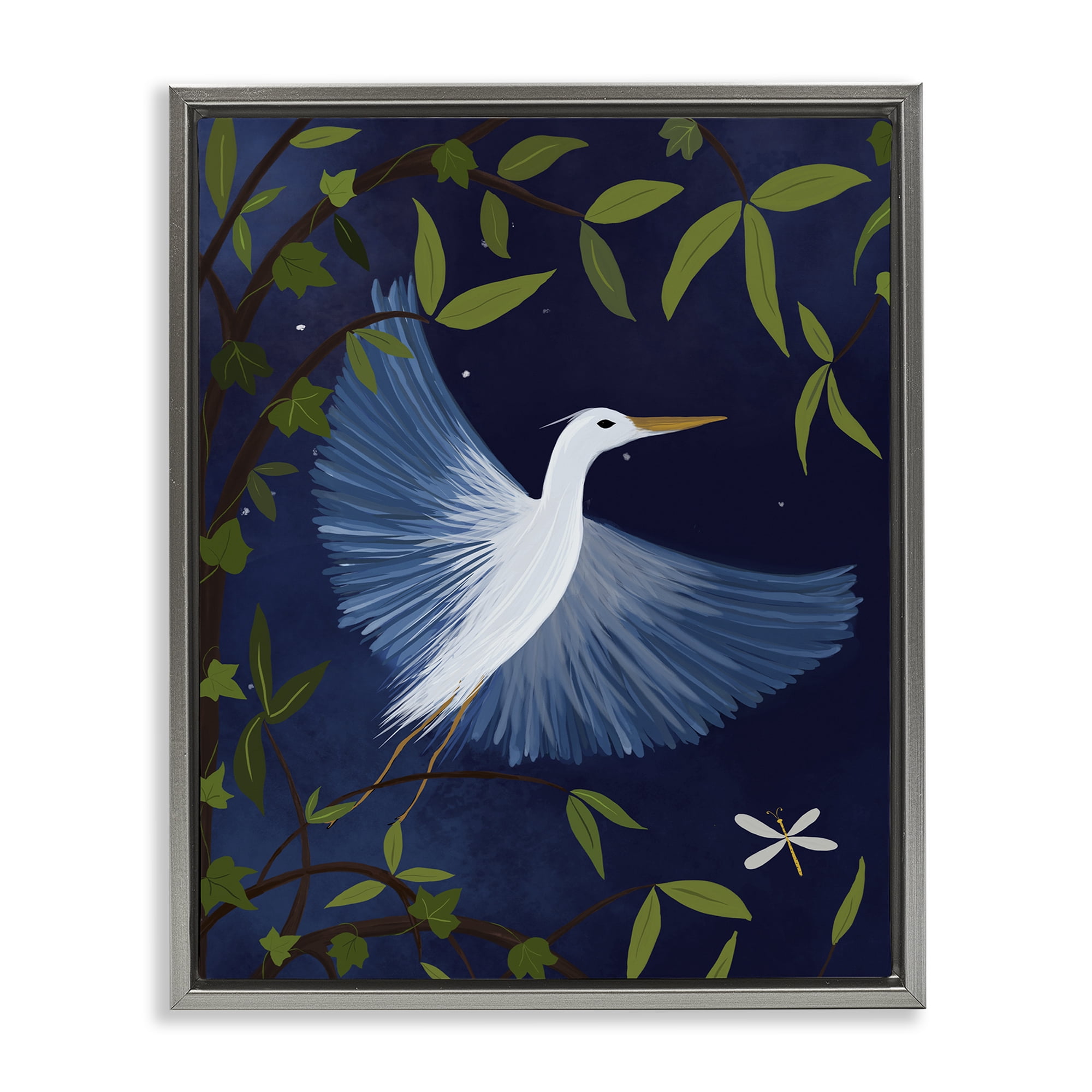 Stupell Industries Heron in Night Forest Animals Painting Gray Floater Framed Canvas Art Print Wall Art, 17 x 21