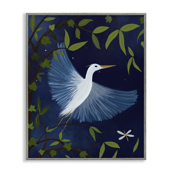 Stupell Industries Heron in Night Forest Animals Painting Gray Framed Art Print Wall Art, 11 x 14