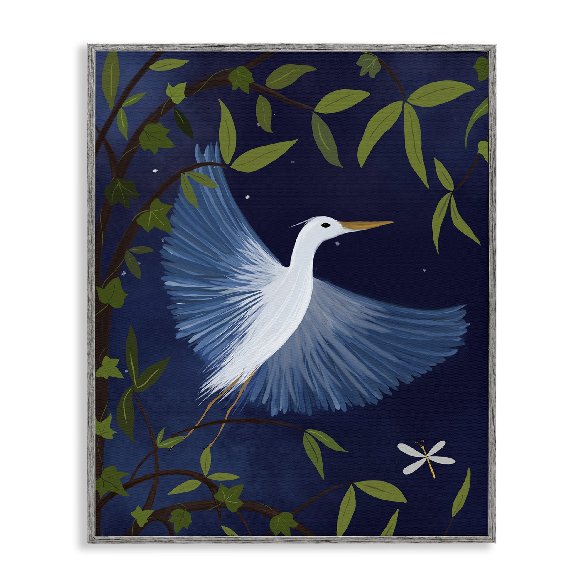 Stupell Industries Heron in Night Forest Animals Painting Gray Framed Art Print Wall Art, 24 x 30