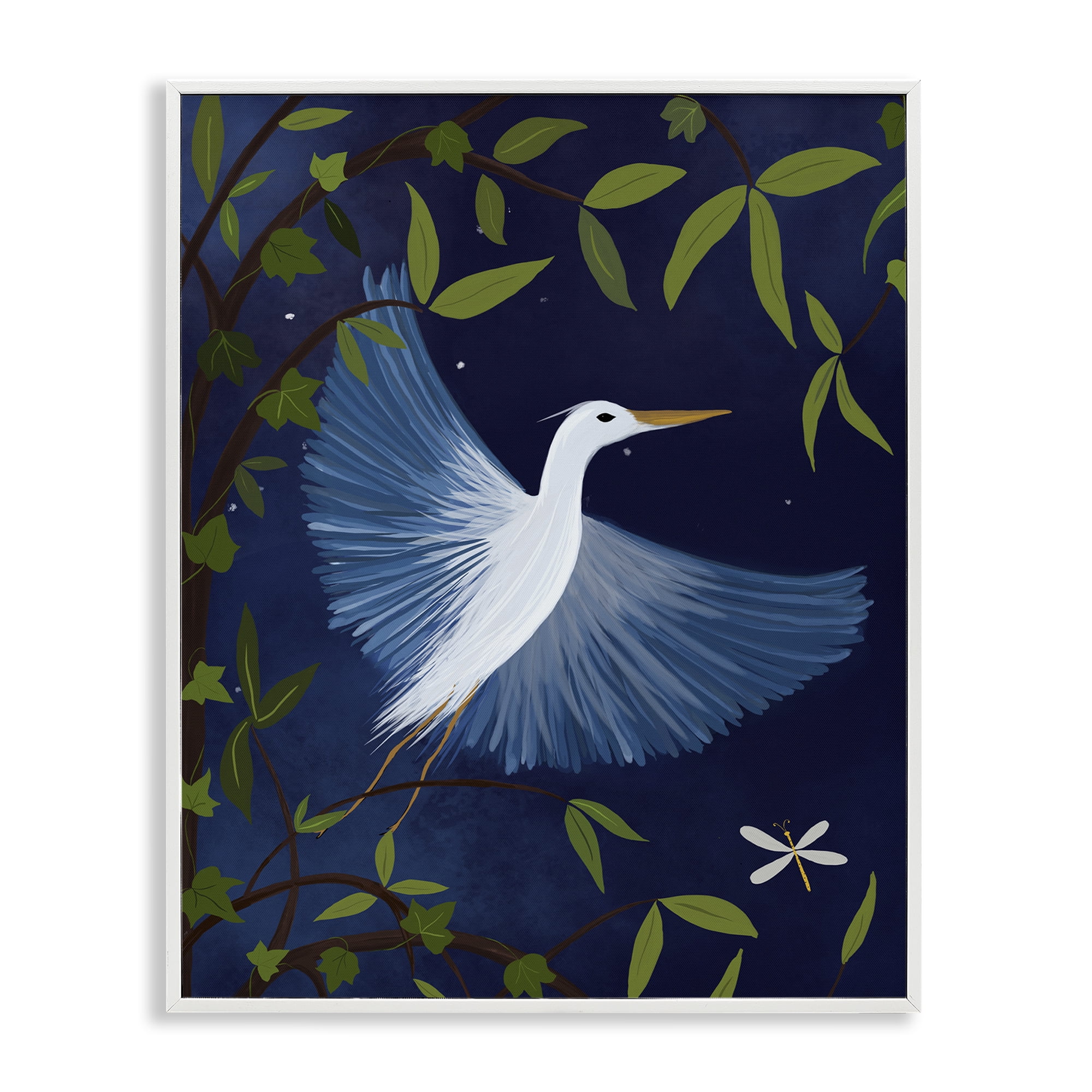 Stupell Industries Heron in Night Forest Animals Painting White Framed Art Print Wall Art, 16 x 20