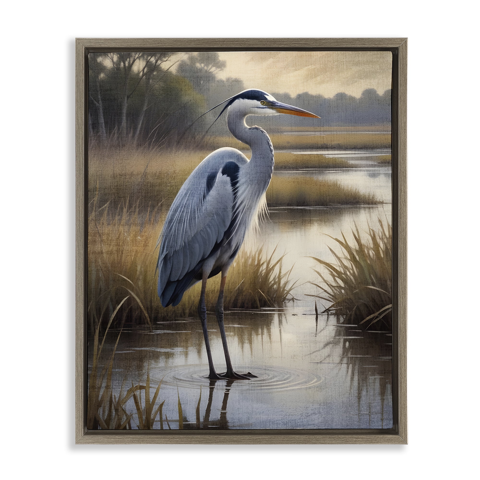 Stupell Industries Heron in Serene Marshlands Brown Framed Floater Canvas Wall Art, design by Susan Arnot