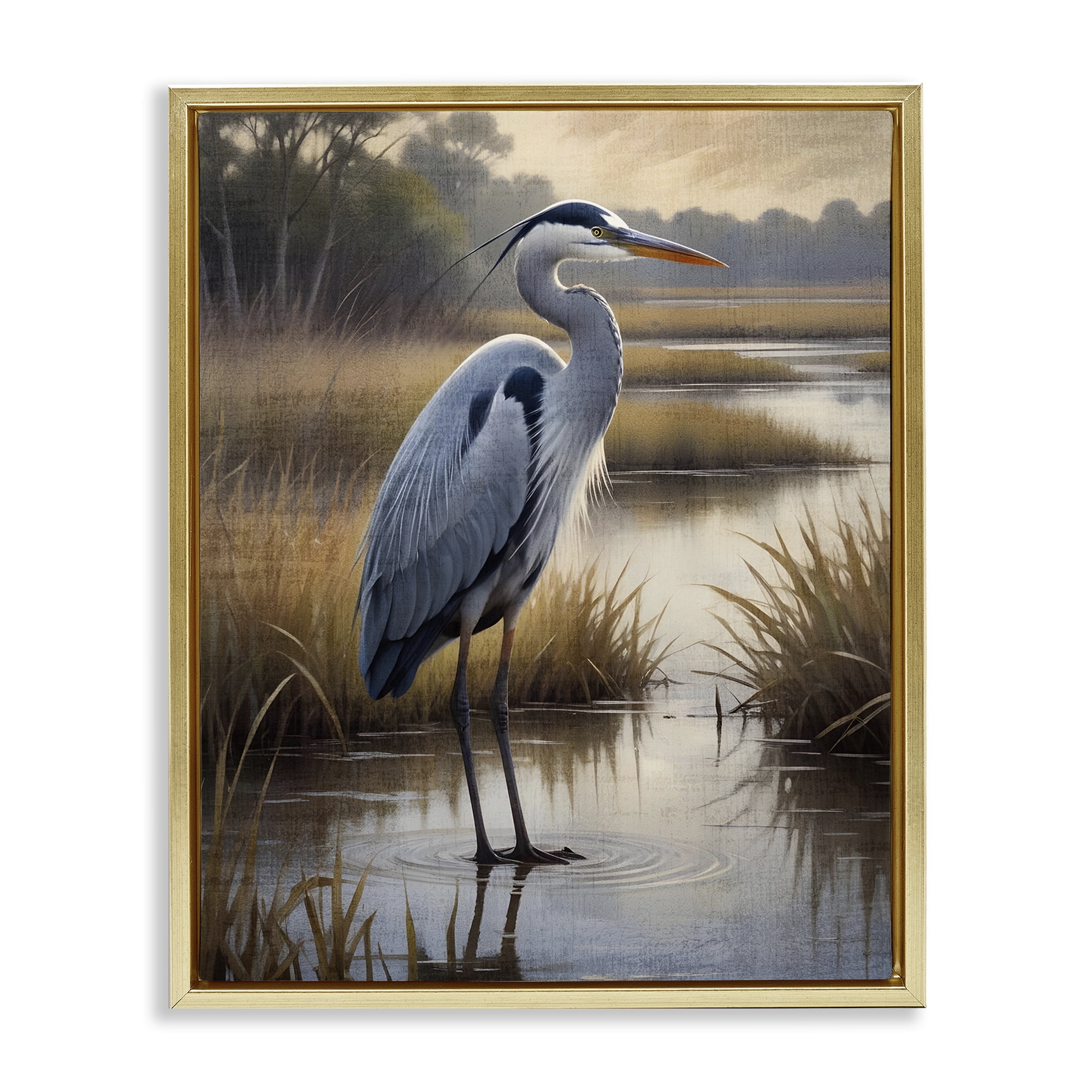 Stupell Industries Heron in Serene Marshlands Gold Framed Floater Canvas Wall Art, design by Susan Arnot