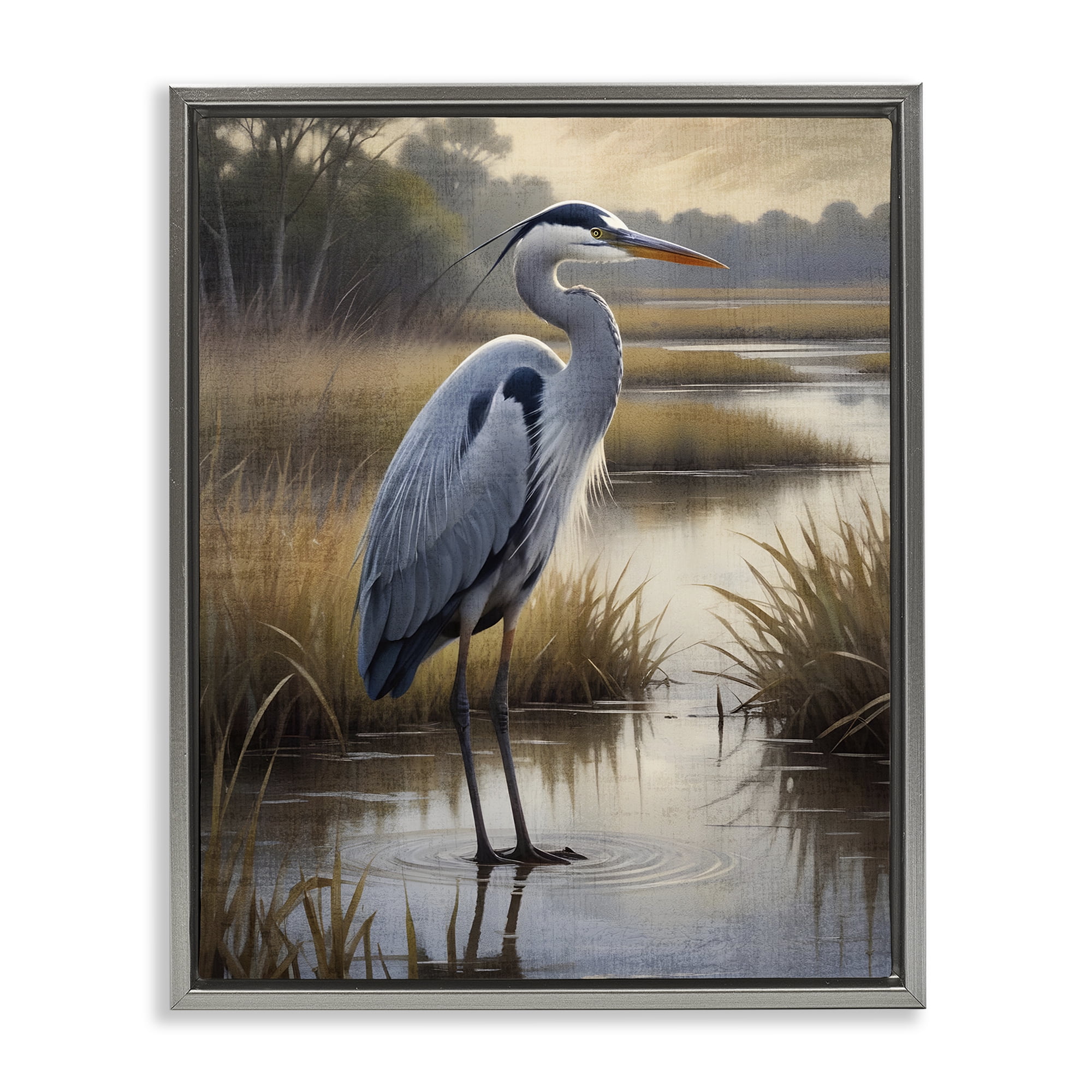 Stupell Industries Heron in Serene Marshlands Gray Framed Floater Canvas Wall Art, design by Susan Arnot