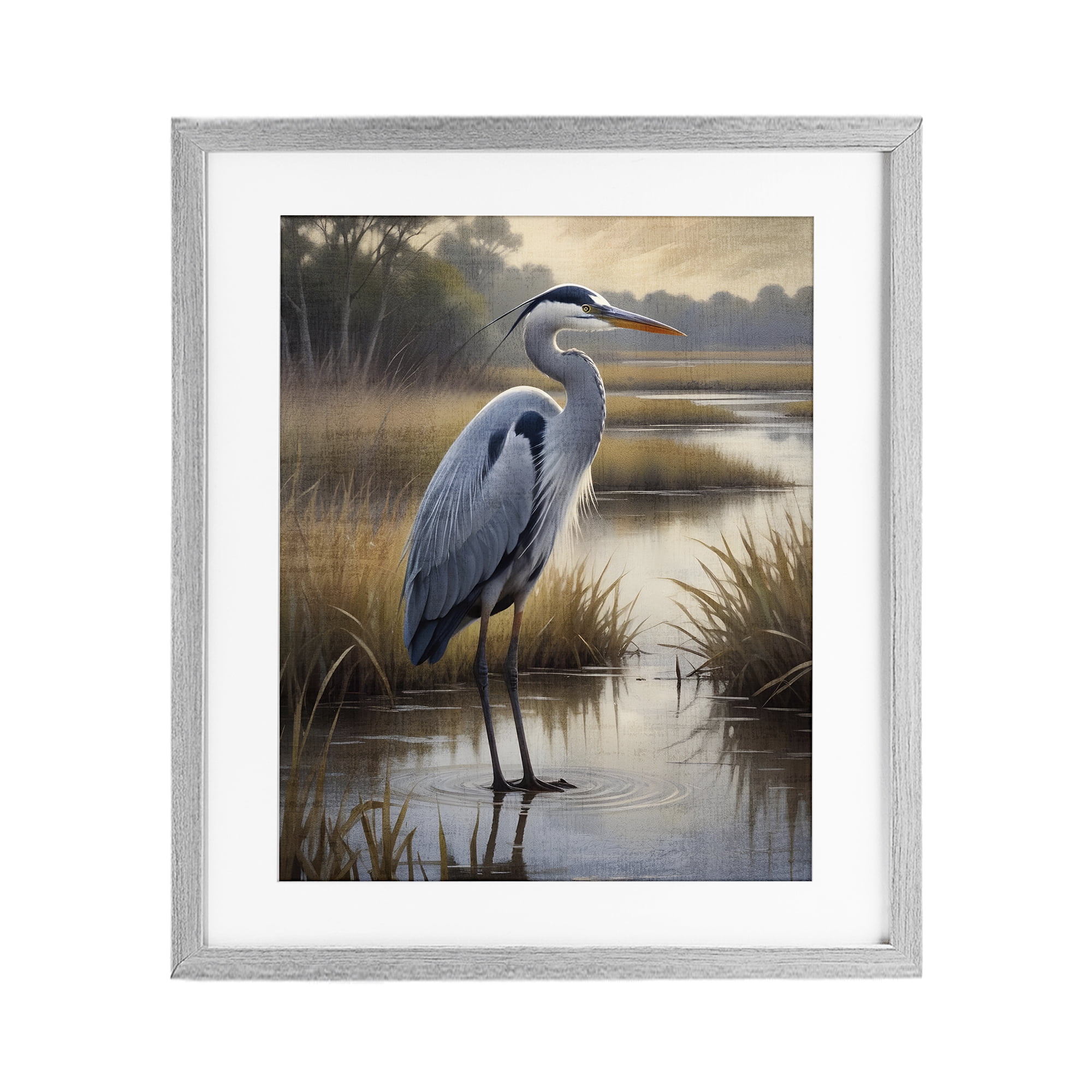 Stupell Industries Heron in Serene Marshlands Gray Framed Print Under Glass, design by Susan Arnot