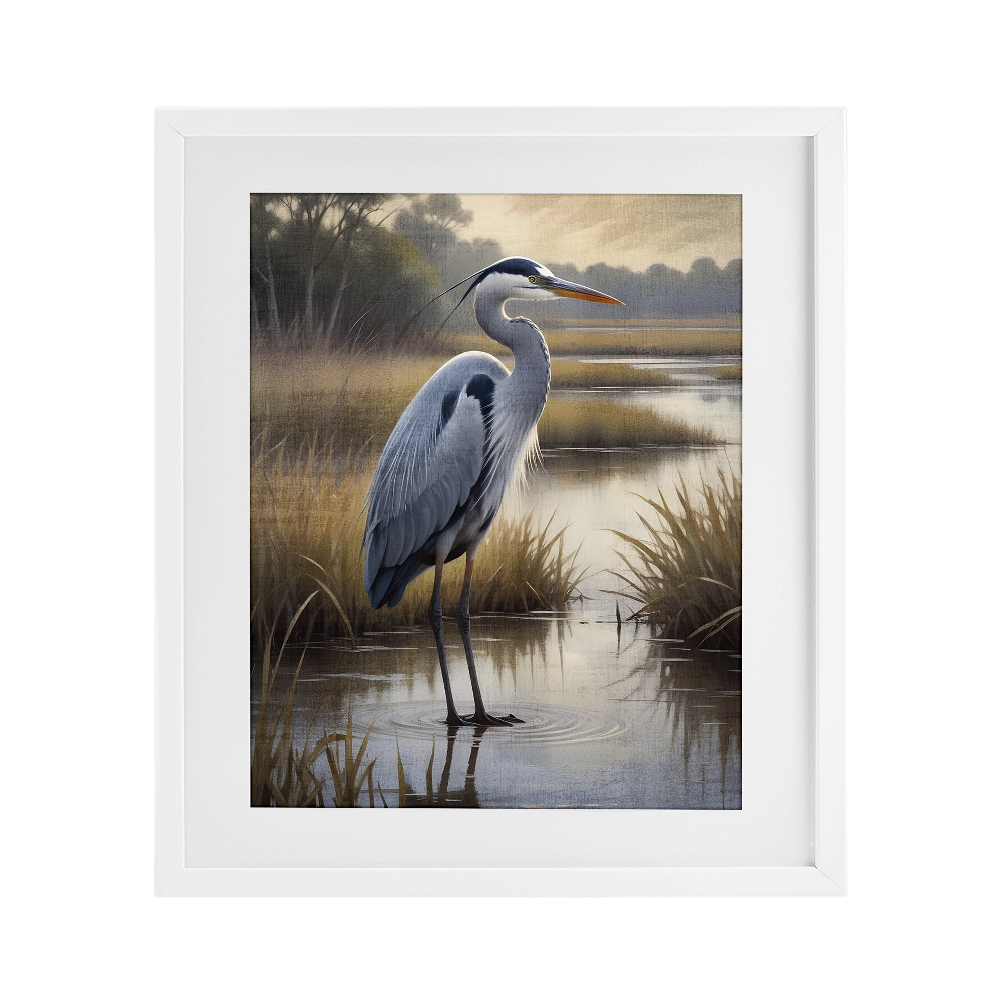 Stupell Industries Heron in Serene Marshlands White Framed Print Under Glass, design by Susan Arnot