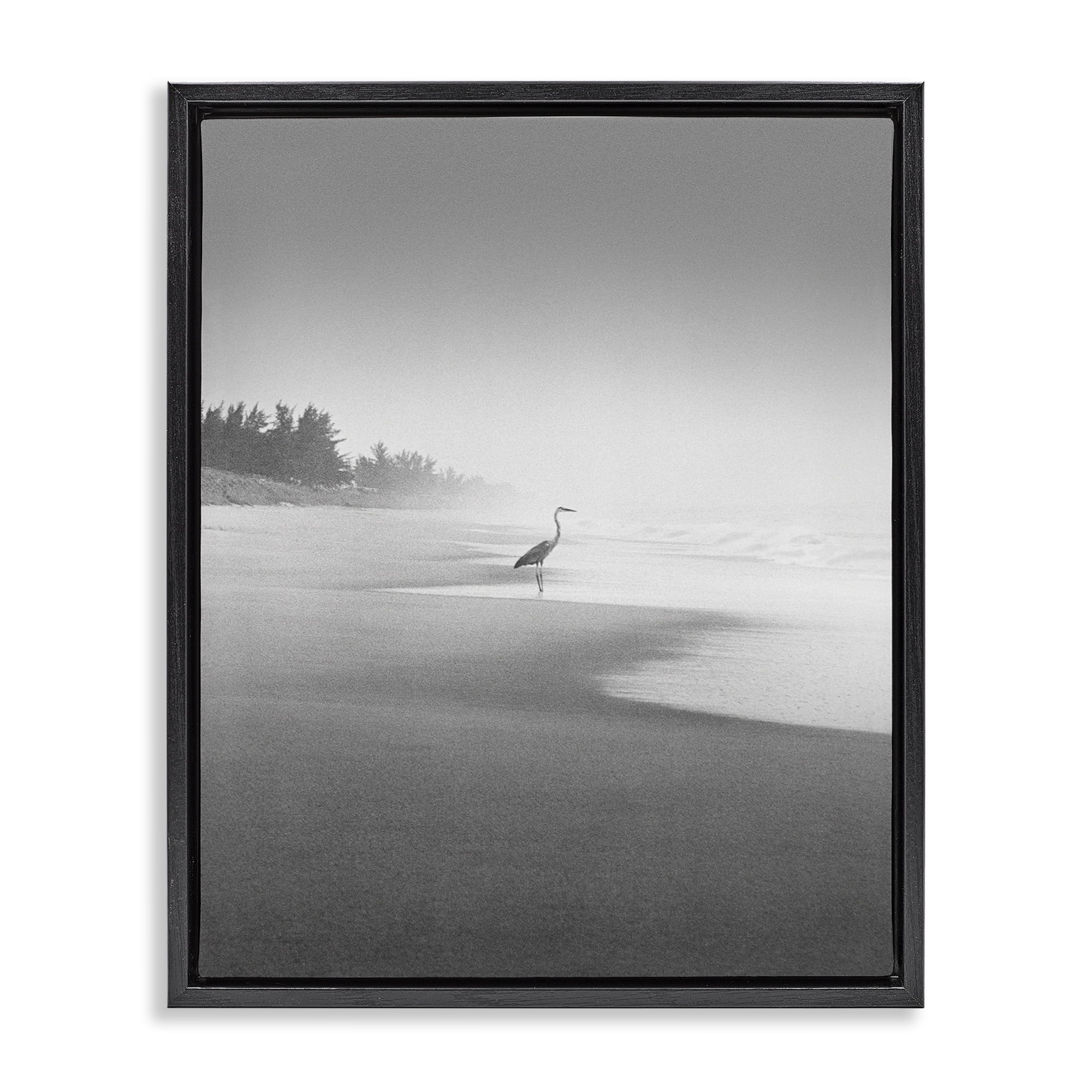 Stupell Industries Heron on Beach Coast Coastal Photography Black Floater Framed Canvas Art Print Wall Art, 25 x 31