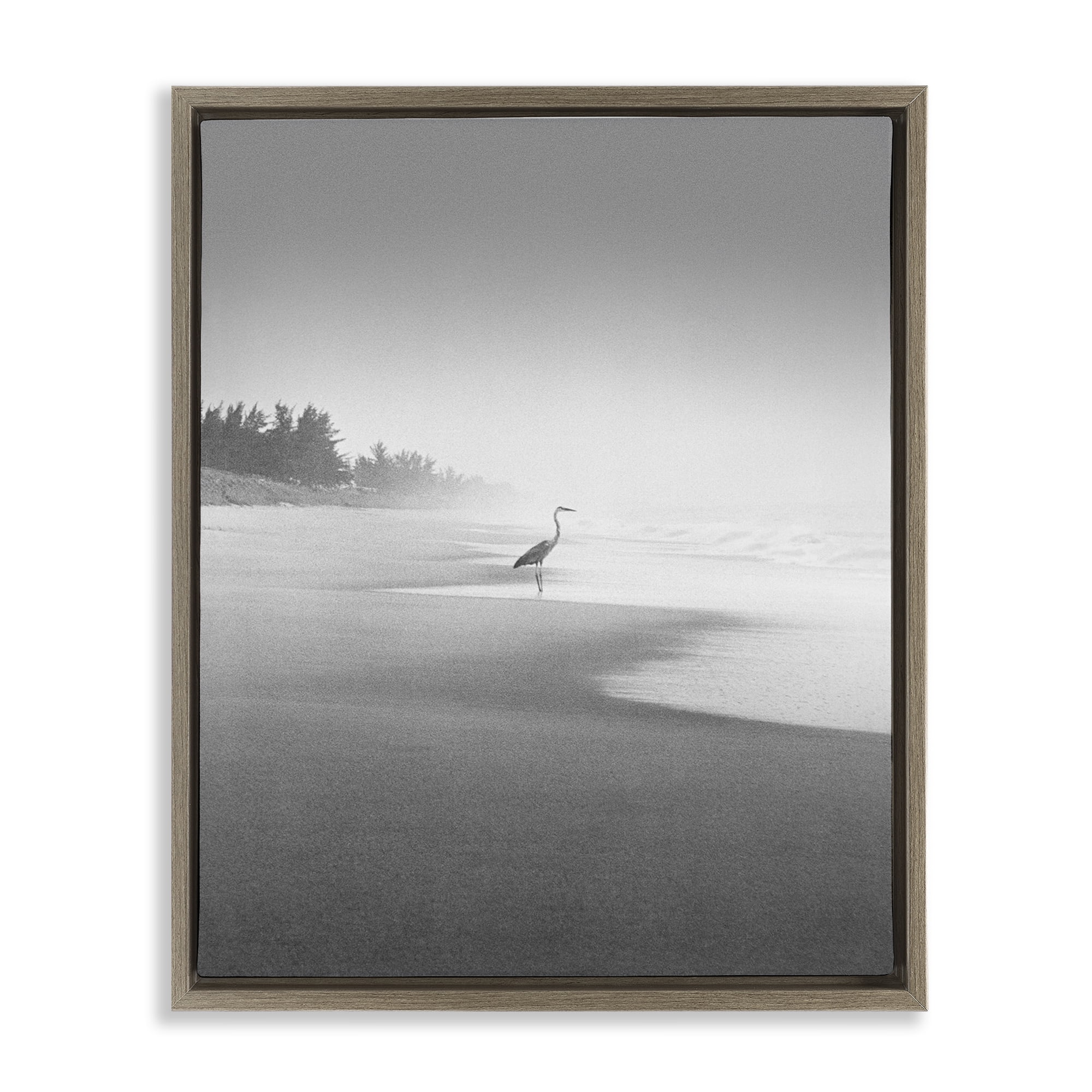 Stupell Industries Heron on Beach Coast Coastal Photography Brown Floater Framed Canvas Art Print Wall Art, 25 x 31