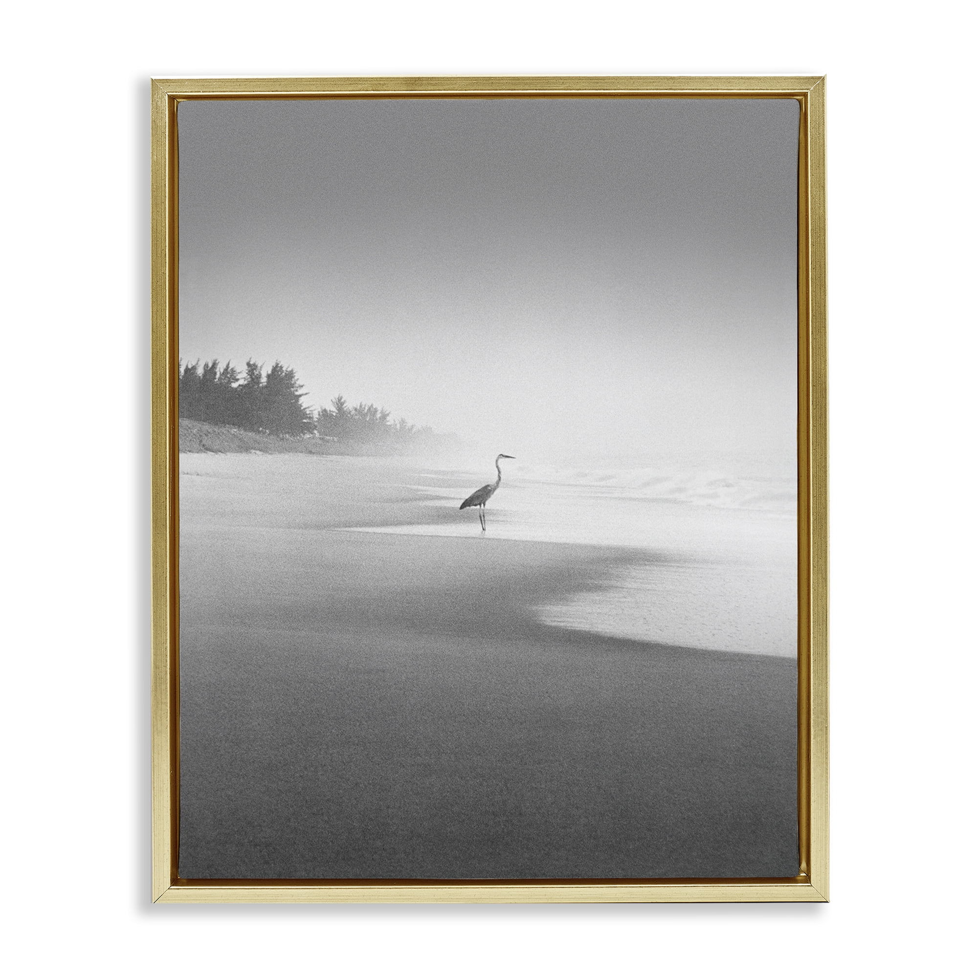 Stupell Industries Heron on Beach Coast Coastal Photography Gold Floater Framed Canvas Art Print Wall Art, 17 x 21