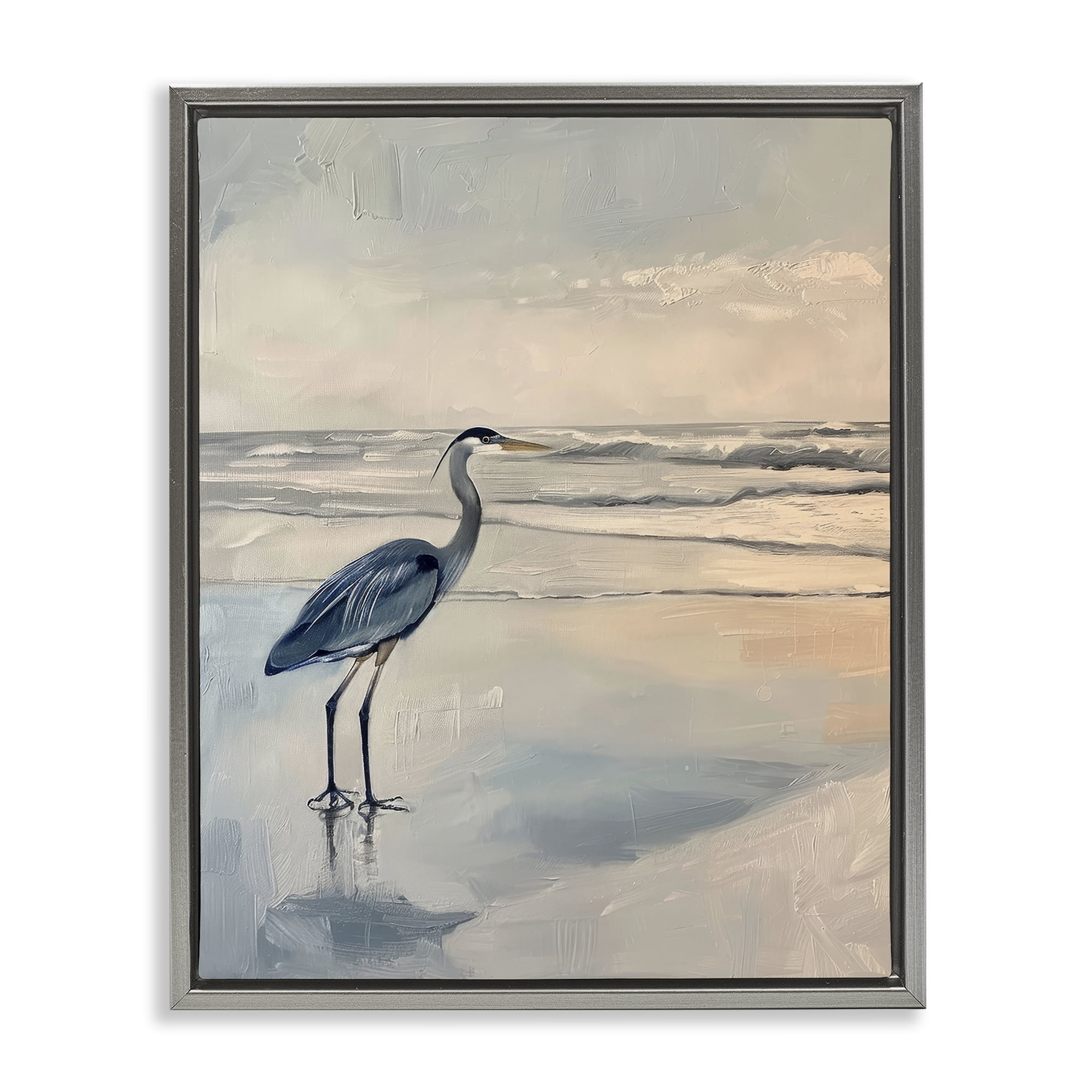 Stupell Industries Heron on Classic Coast Nautical & Beach Painting Gray Floater Framed Canvas Art Print Wall Art, 17 x 21