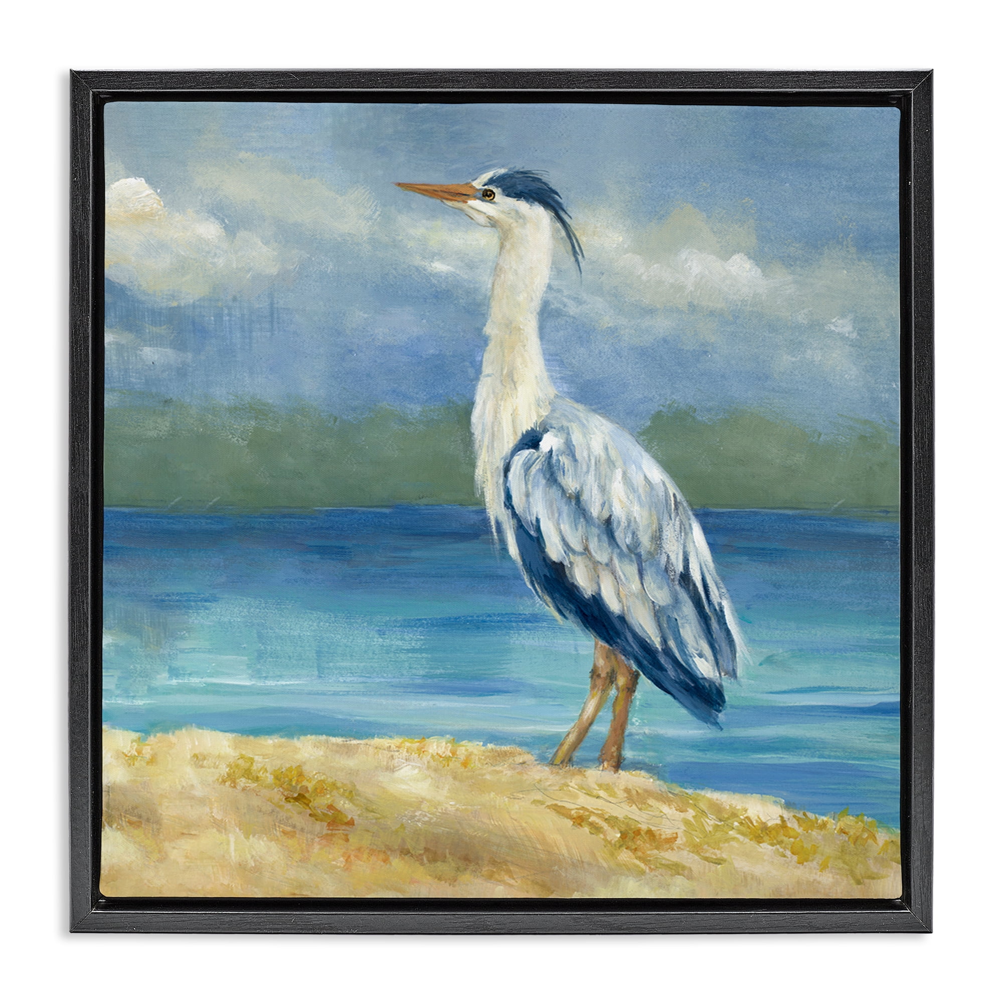 Stupell Industries Heron on Cloudy Beach Nautical & Beach Painting Black Floater Framed Canvas Art Print Wall Art, 25 x 25