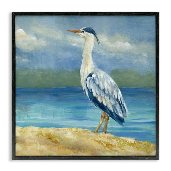 Stupell Industries Heron on Cloudy Beach Nautical & Beach Painting Black Framed Art Print Wall Art, 12 x 12