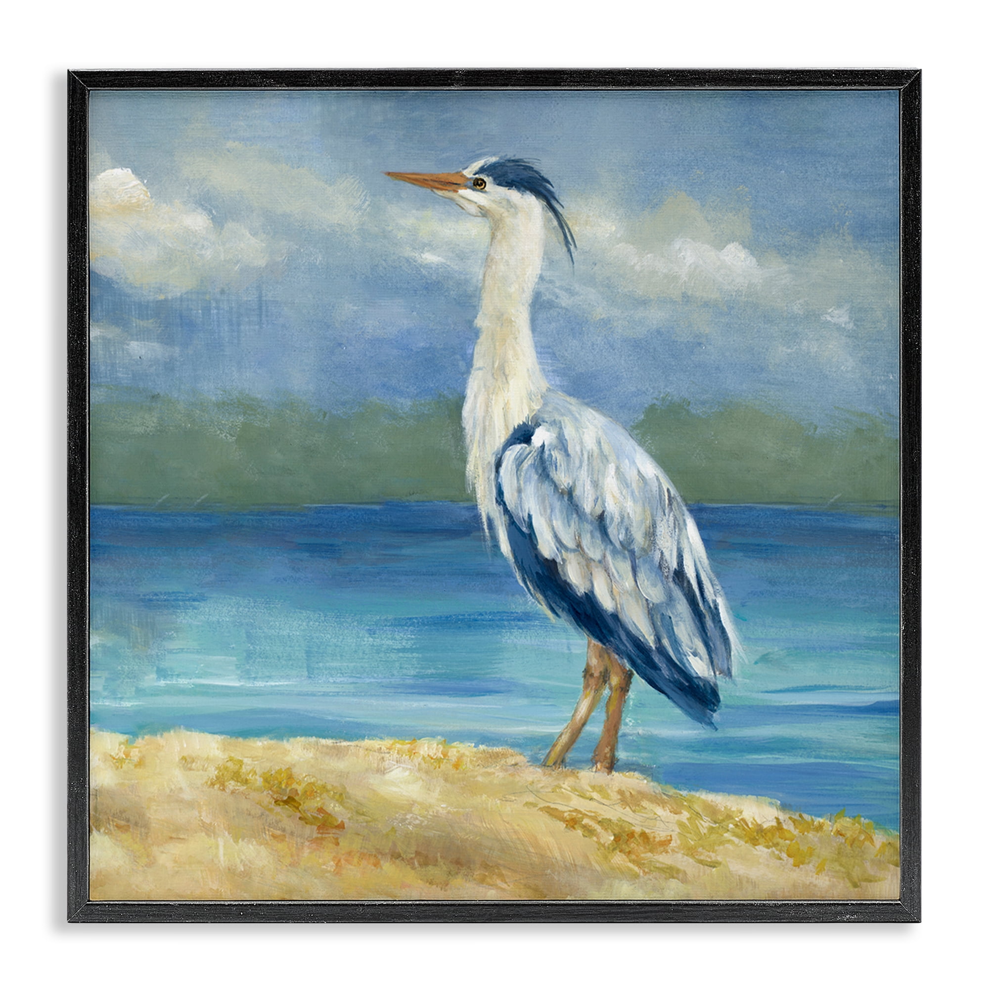 Stupell Industries Heron on Cloudy Beach Nautical & Beach Painting Black Framed Art Print Wall Art, 24 x 24
