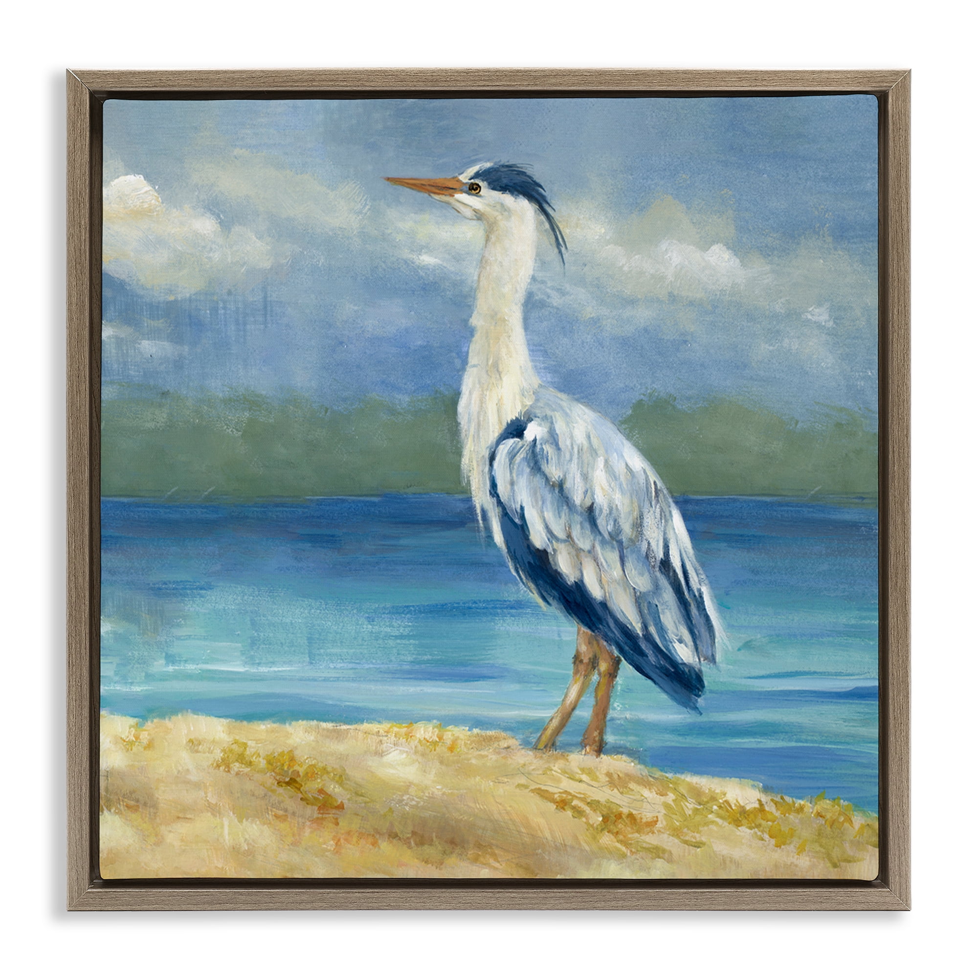 Stupell Industries Heron on Cloudy Beach Nautical & Beach Painting Brown Floater Framed Canvas Art Print Wall Art, 18 x 18