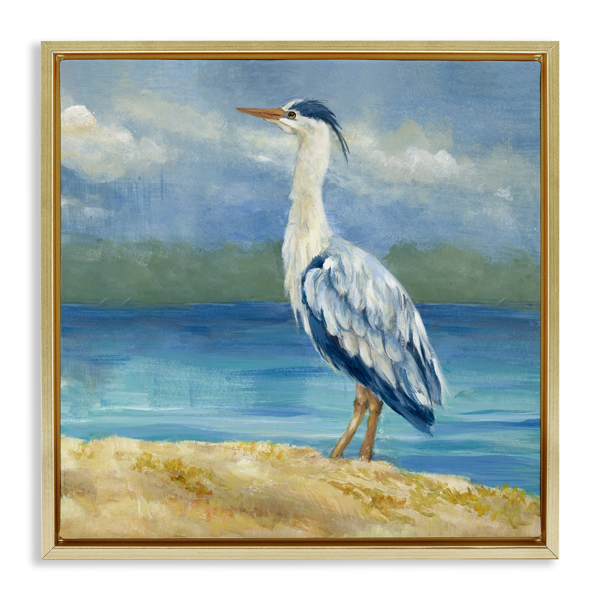 Stupell Industries Heron on Cloudy Beach Nautical & Beach Painting Gold Floater Framed Canvas Art Print Wall Art, 25 x 25