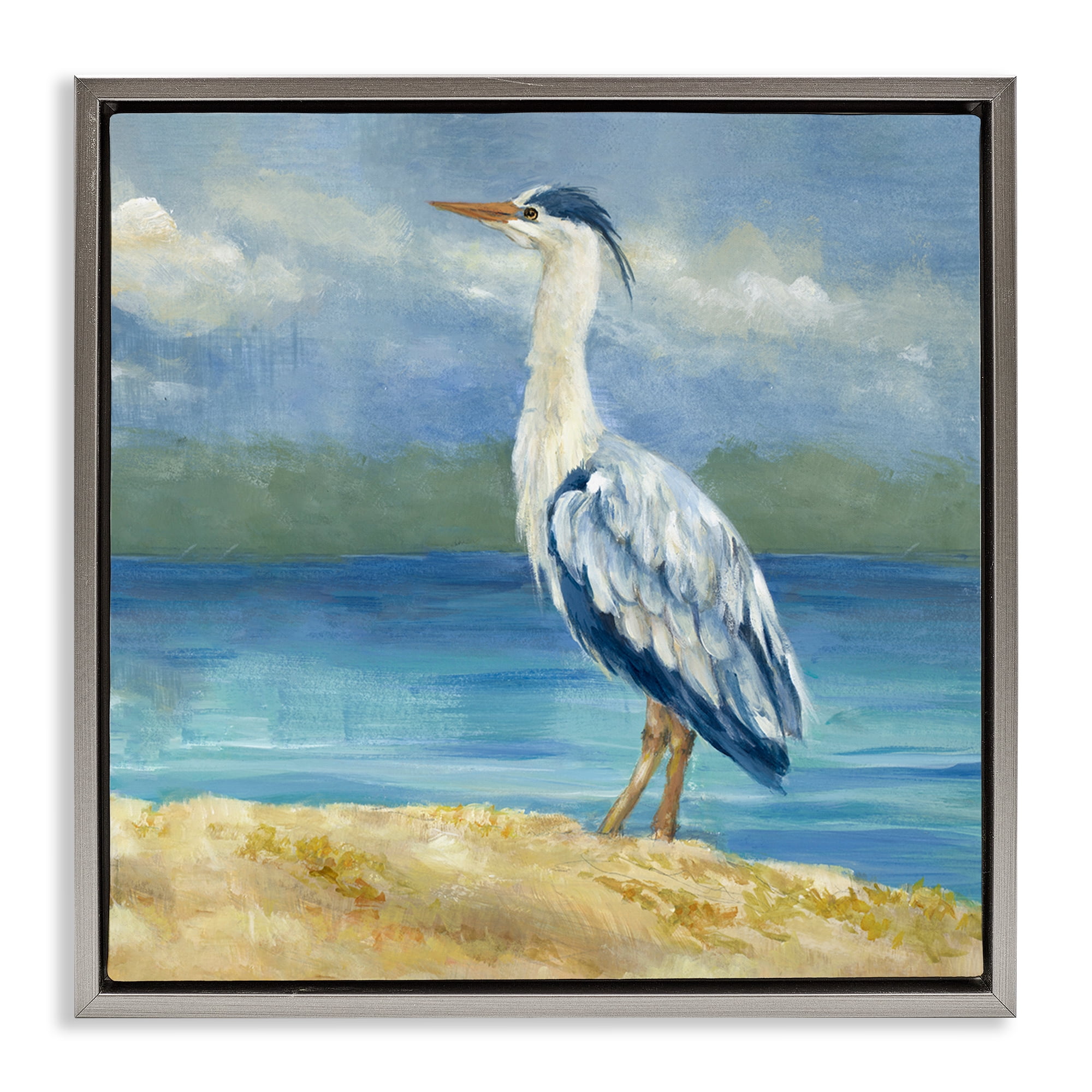 Stupell Industries Heron on Cloudy Beach Nautical & Beach Painting Gray Floater Framed Canvas Art Print Wall Art, 18 x 18