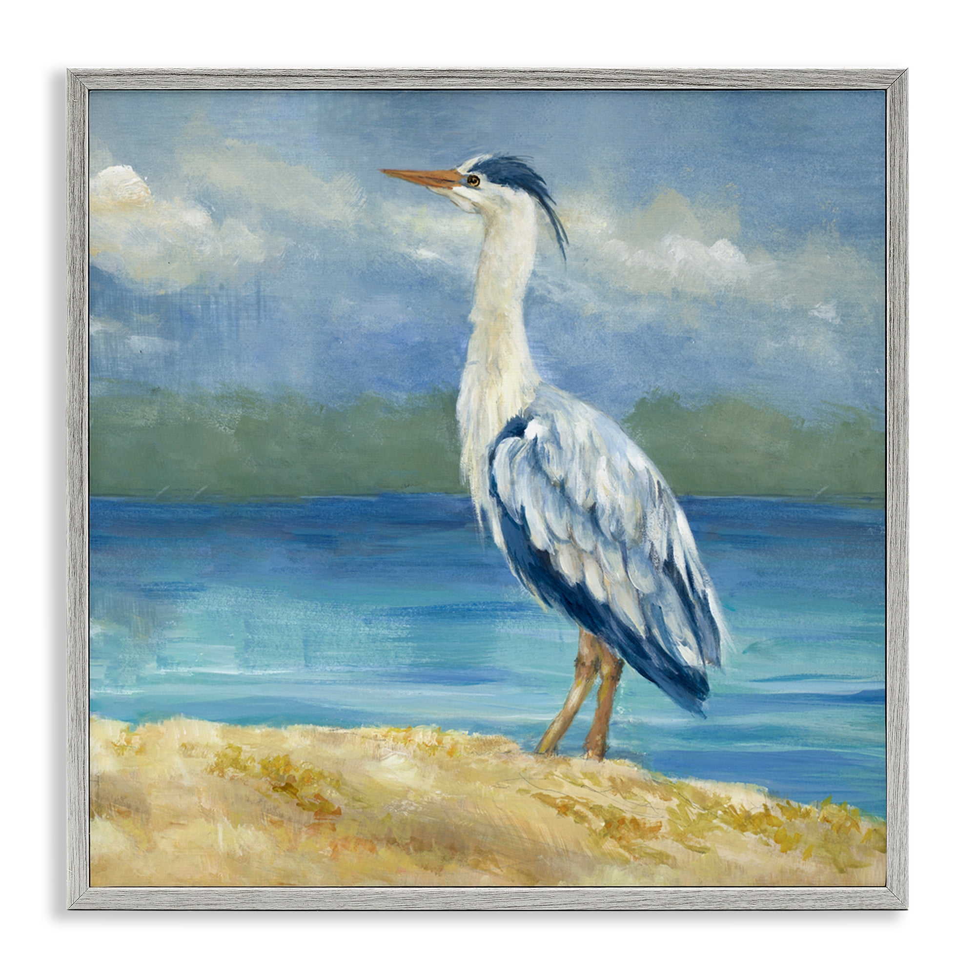 Stupell Industries Heron on Cloudy Beach Nautical & Beach Painting Gray Framed Art Print Wall Art, 12 x 12