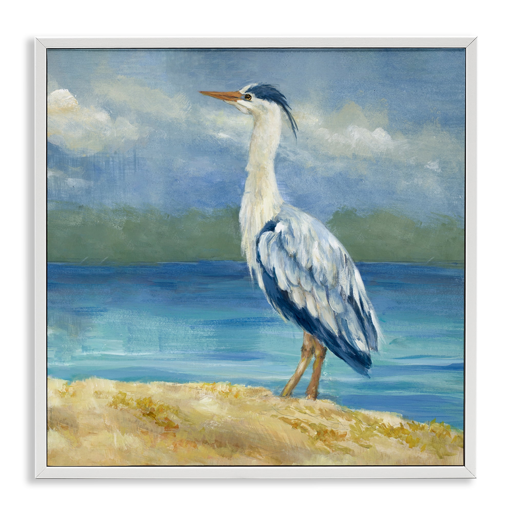 Stupell Industries Heron on Cloudy Beach Nautical & Beach Painting White Framed Art Print Wall Art, 12 x 12