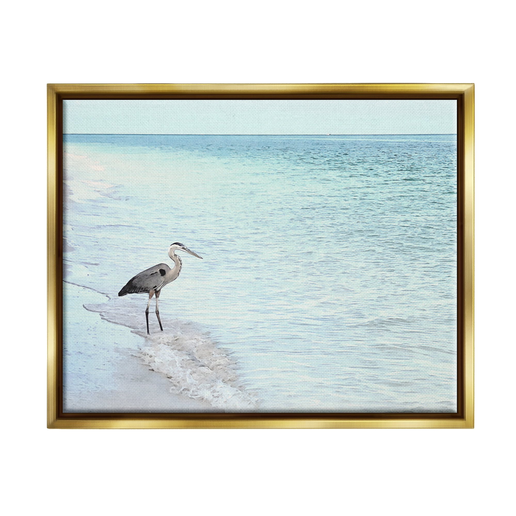 Stupell Industries Heron on Coastline Landscape Photography Gold Floater Framed Canvas Art Print Wall Art, 21 x 17