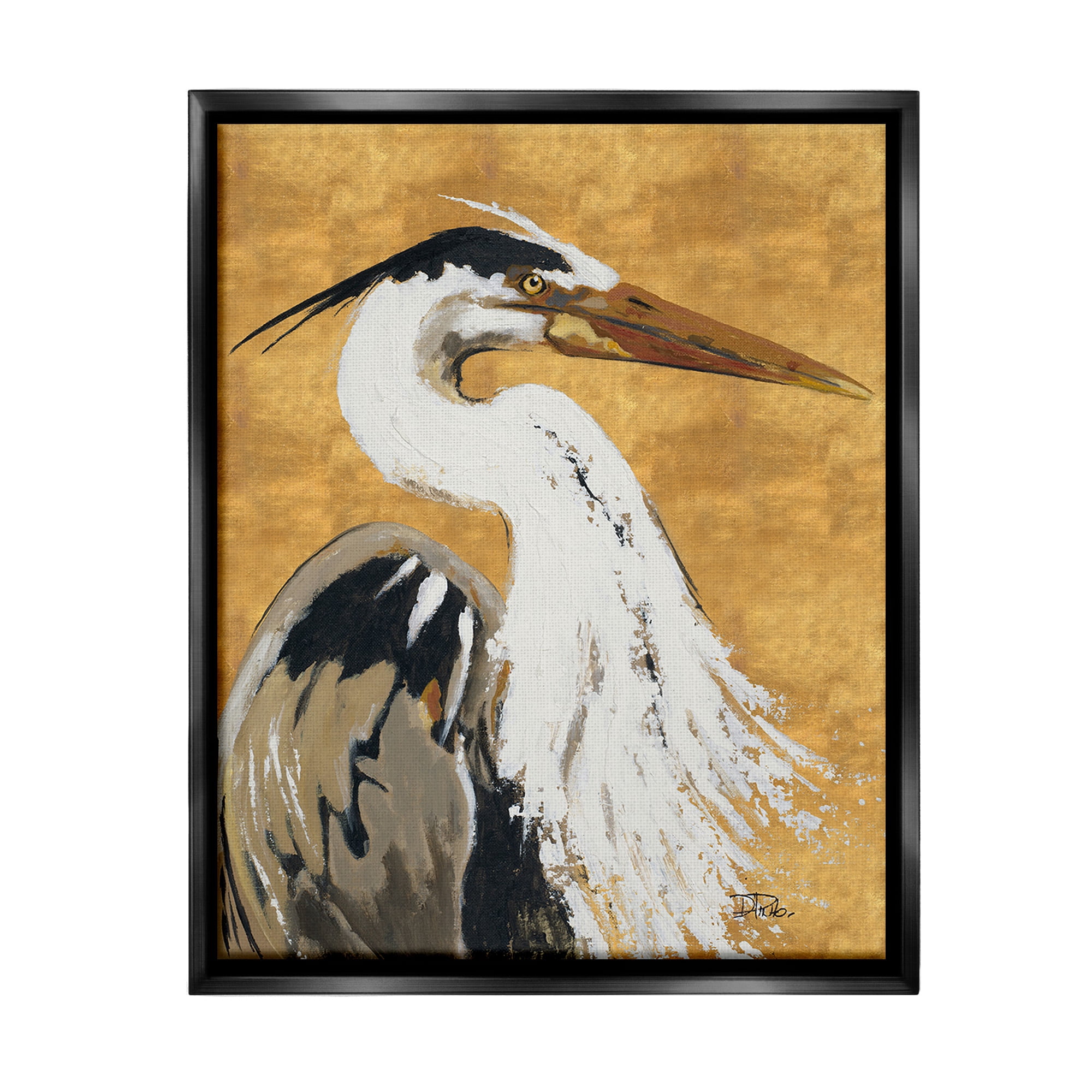 Stupell Industries Heron on Gold Pattern Animals & Insects Painting Black Floater Framed Canvas Art Print Wall Art, 25 x 31