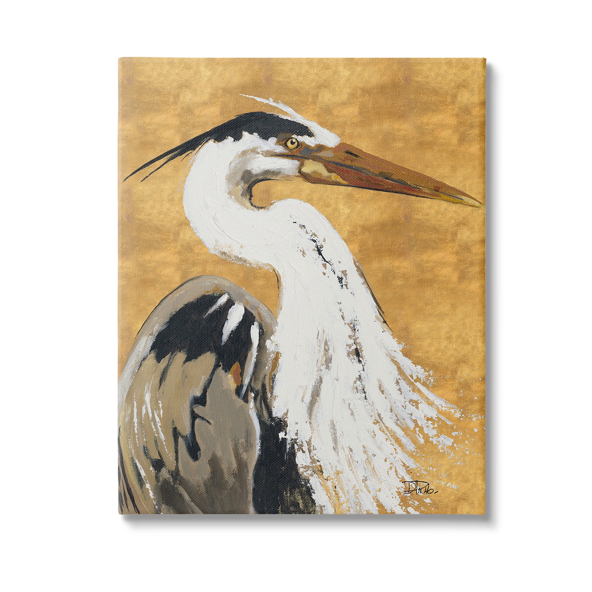 Stupell Industries Heron on Gold Pattern Animals & Insects Painting Gallery Wrapped Canvas Art Print Wall Art, 24 x 30
