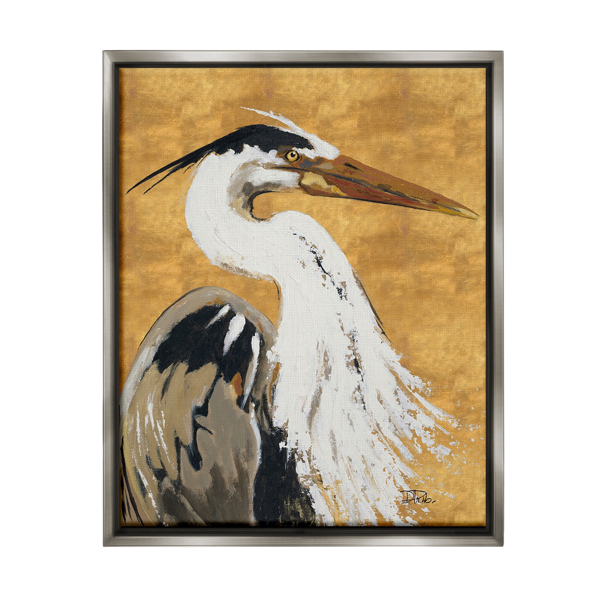 Stupell Industries Heron on Gold Pattern Animals & Insects Painting Gray Floater Framed Canvas Art Print Wall Art, 17 x 21