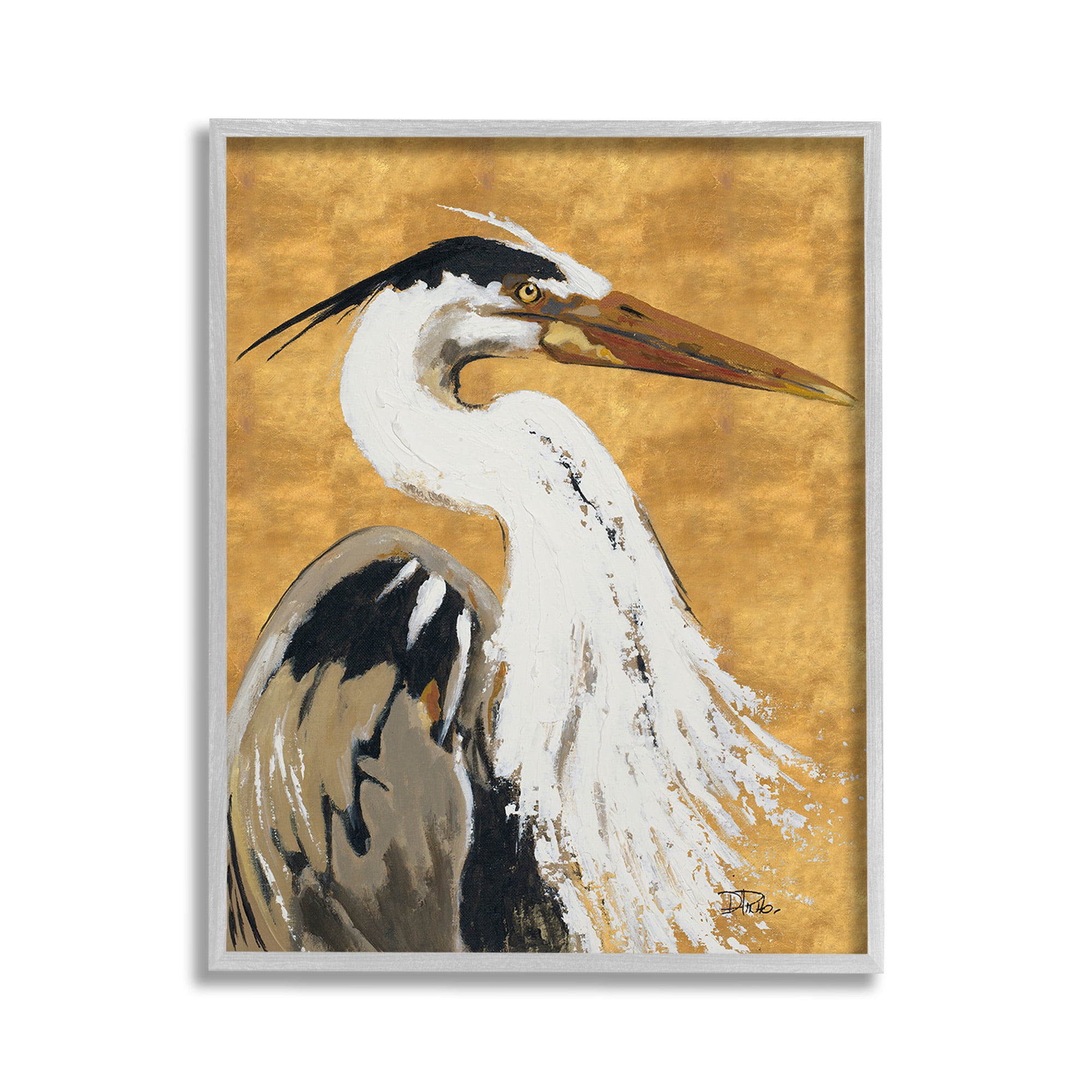 Stupell Industries Heron on Gold Pattern Animals & Insects Painting Gray Framed Art Print Wall Art, 11 x 14