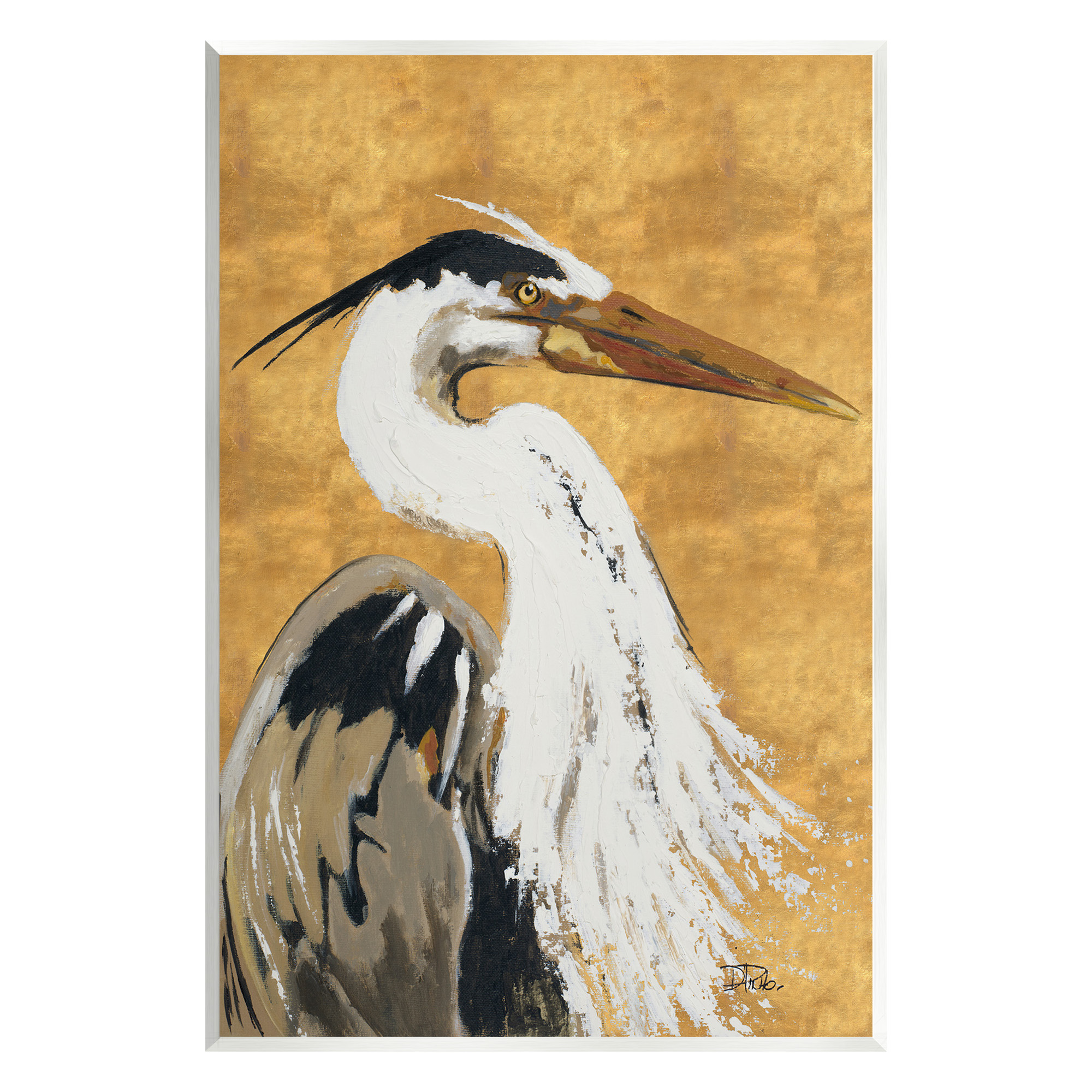 Stupell Industries Heron on Gold Pattern Animals & Insects Painting Unframed Art Print Wall Art, 13 x 19