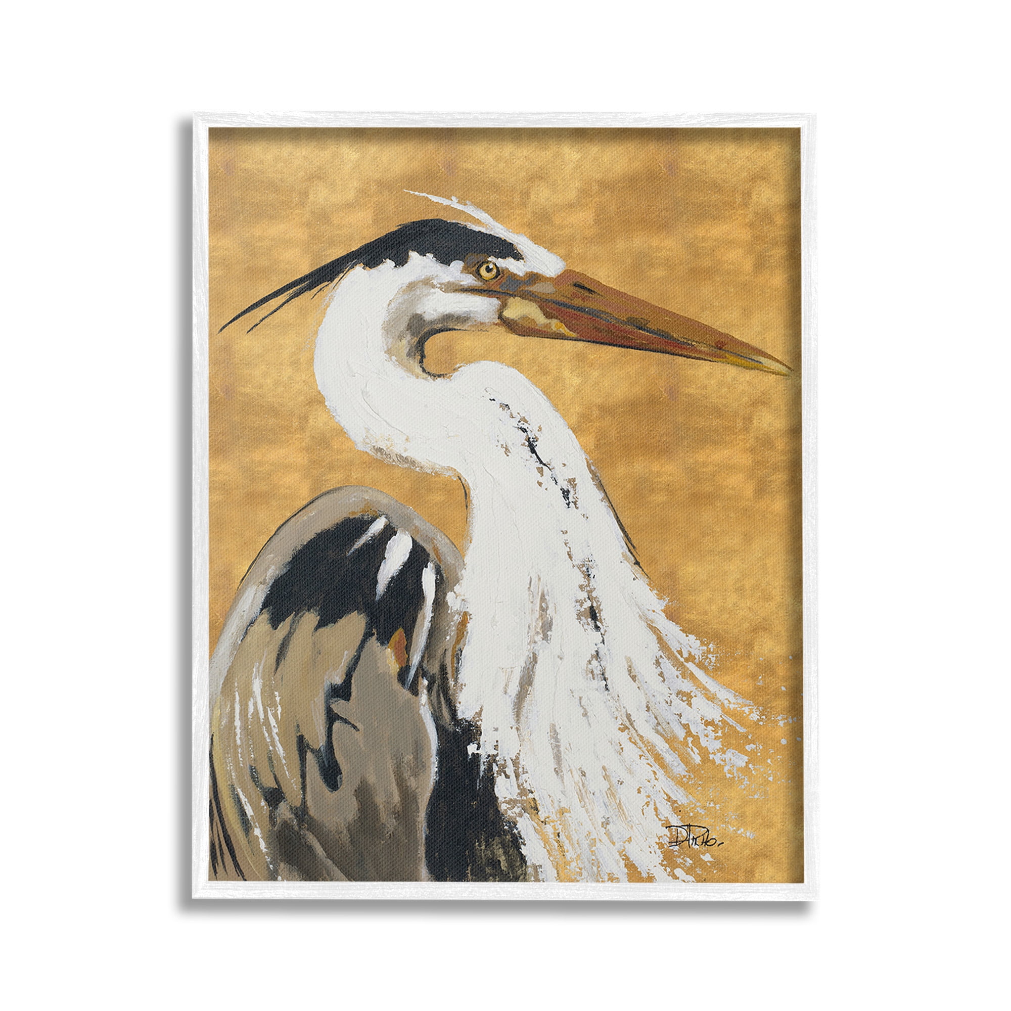 Stupell Industries Heron on Gold Pattern Animals & Insects Painting White Framed Art Print Wall Art, 24 x 30