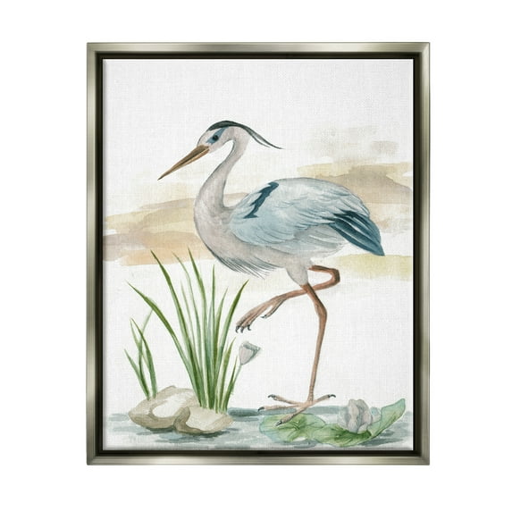 Stupell Industries Heron on Pond Painting Animals & Insects Painting Gray Floater Framed Art Print Wall Art, 17 x 21