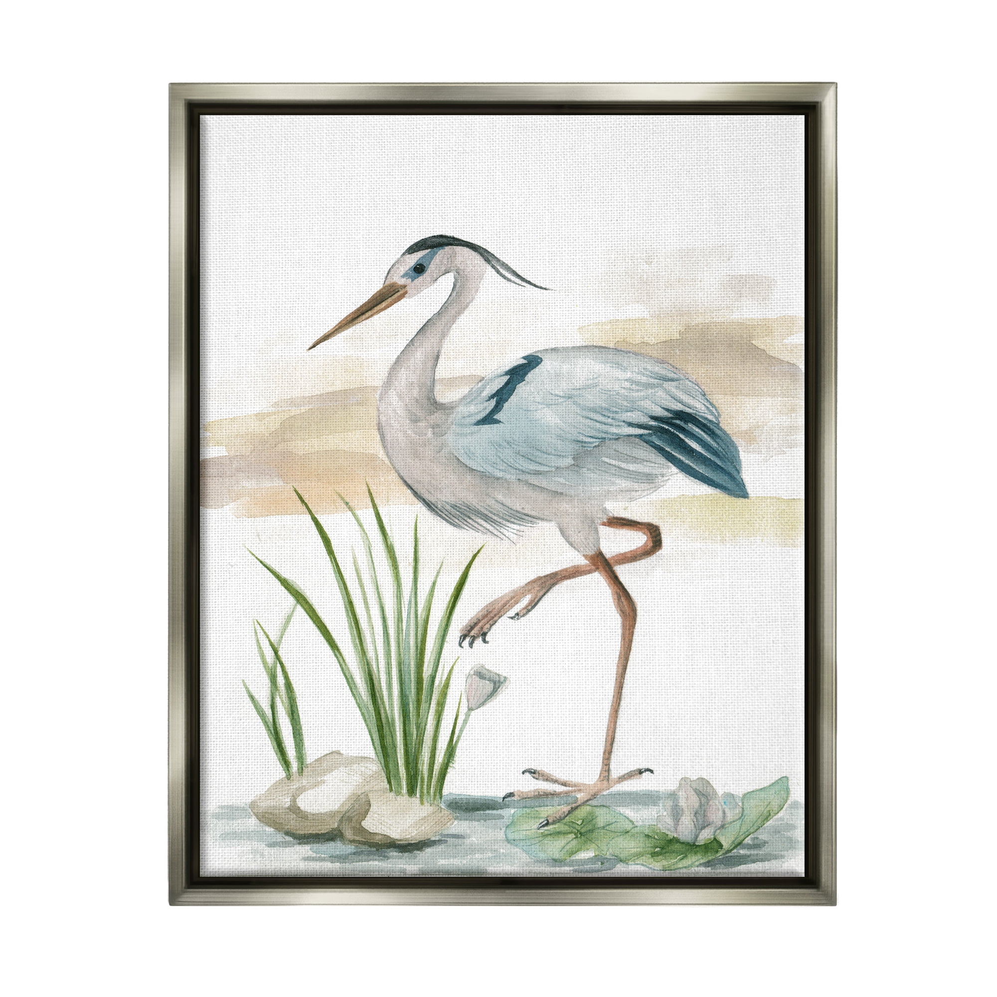 Stupell Industries Heron on Pond Painting Animals & Insects Painting Gray Floater Framed Art Print Wall Art, 25 x 31