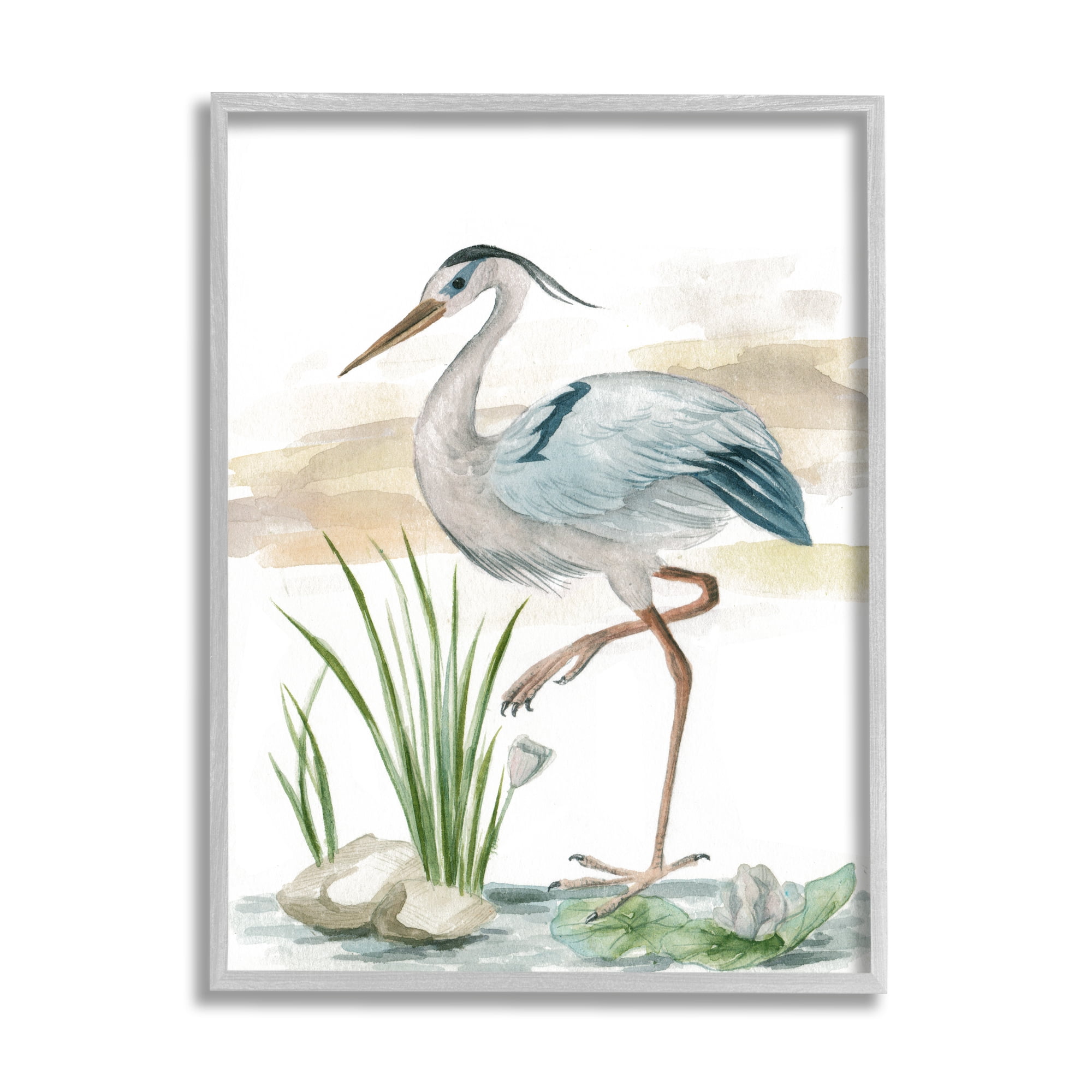 Stupell Industries Heron on Pond Painting Animals & Insects Painting Gray Framed Art Print Wall Art, 24 x 30