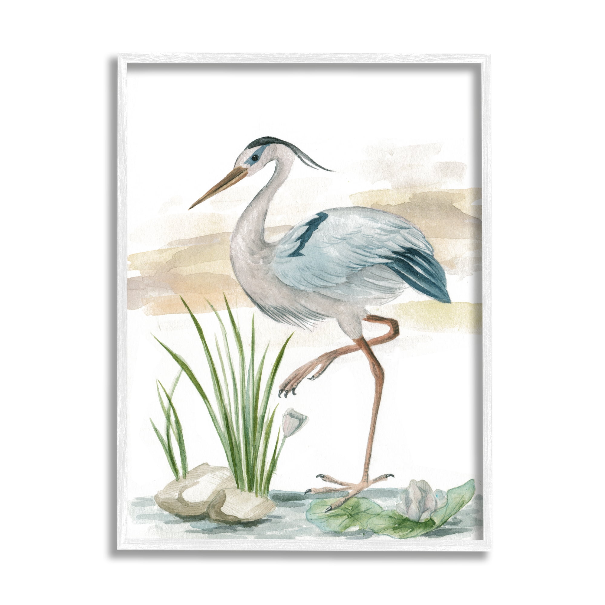 Stupell Industries Heron on Pond Painting Animals & Insects Painting White Framed Art Print Wall Art, 11 x 14