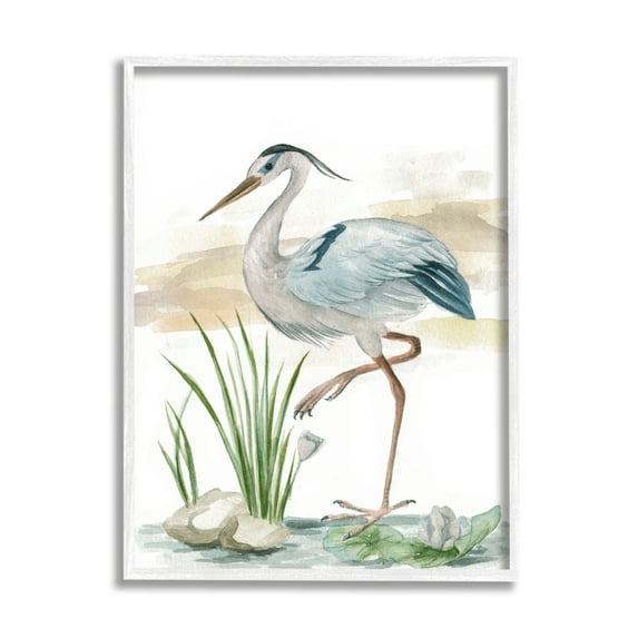 Stupell Industries Heron on Pond Painting Animals & Insects Painting White Framed Art Print Wall Art, 11 x 14
