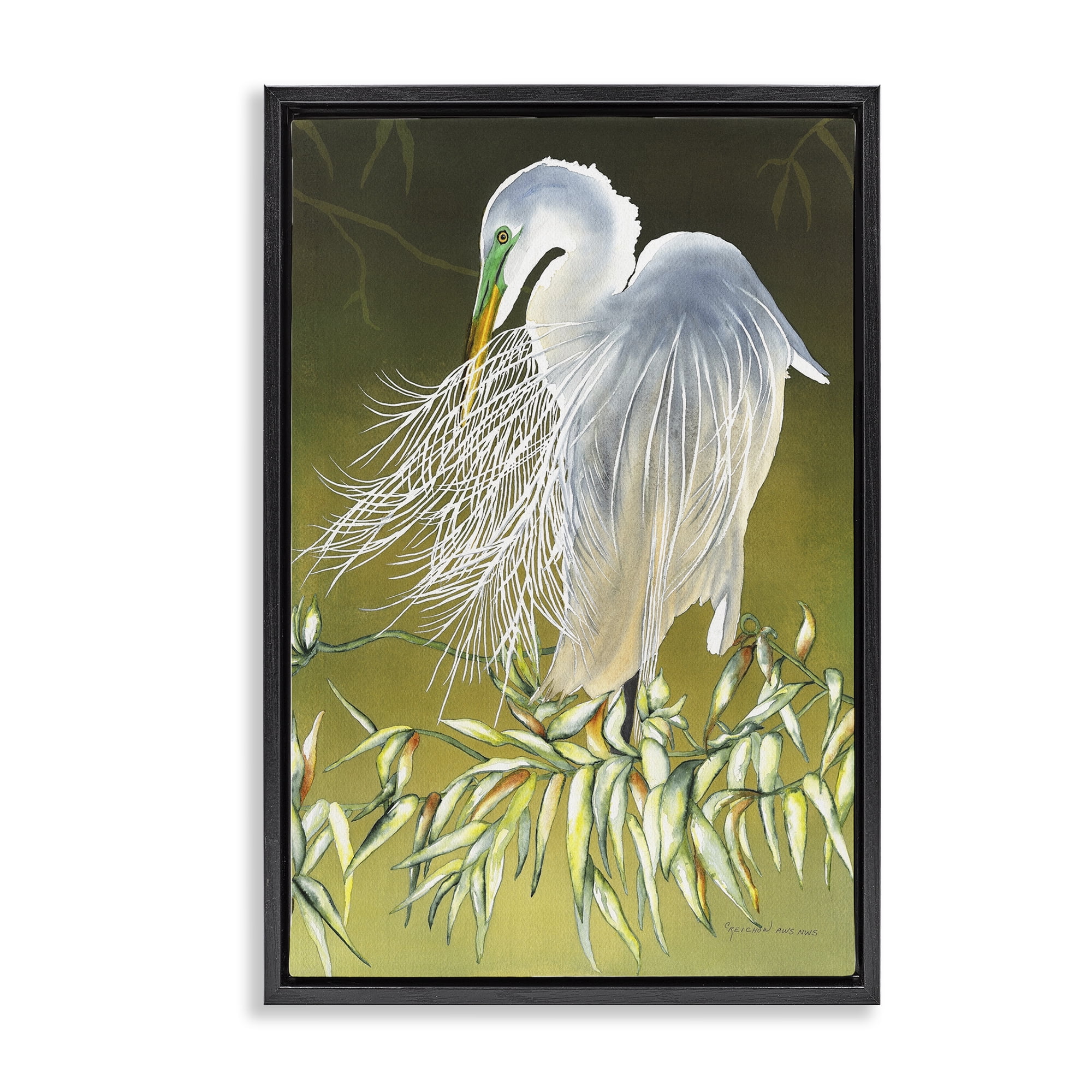 Stupell Industries Heron with Detailed Feathers Animals & Insects Painting Black Floater Framed Canvas Art Print Wall Art, 21 x 31