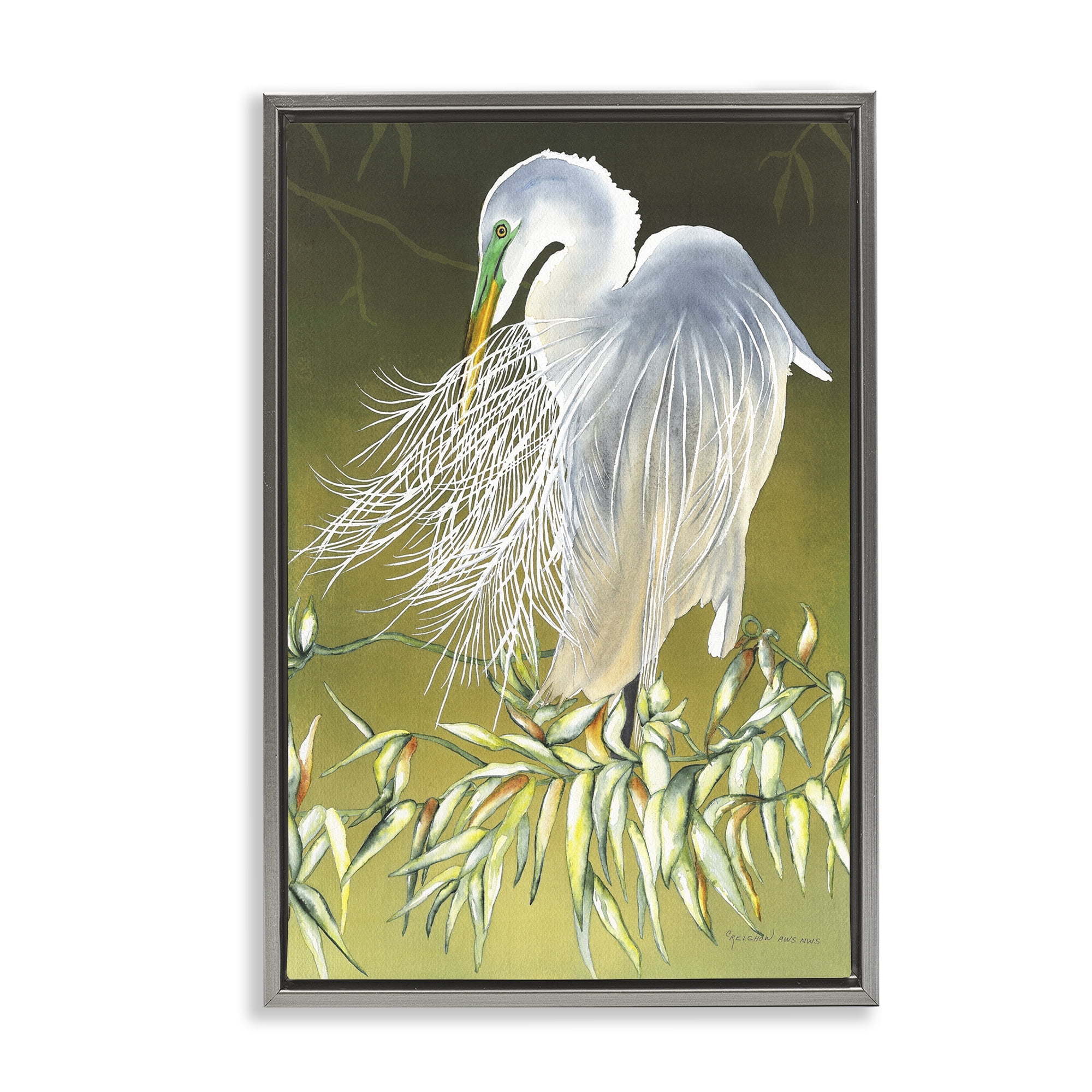Stupell Industries Heron with Detailed Feathers Animals & Insects Painting Gray Floater Framed Canvas Art Print Wall Art, 17 x 25