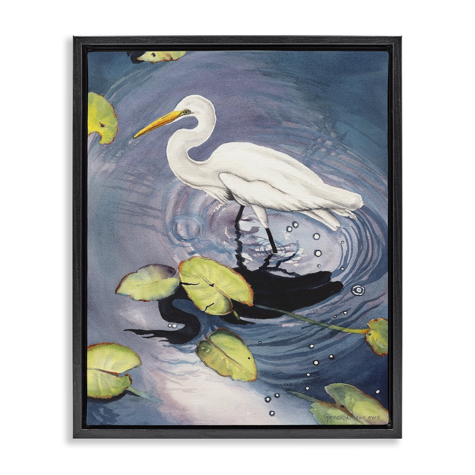 Stupell Industries Heron with Pond Ripples Animals & Insects Painting Black Floater Framed Canvas Art Print Wall Art, 17 x 21