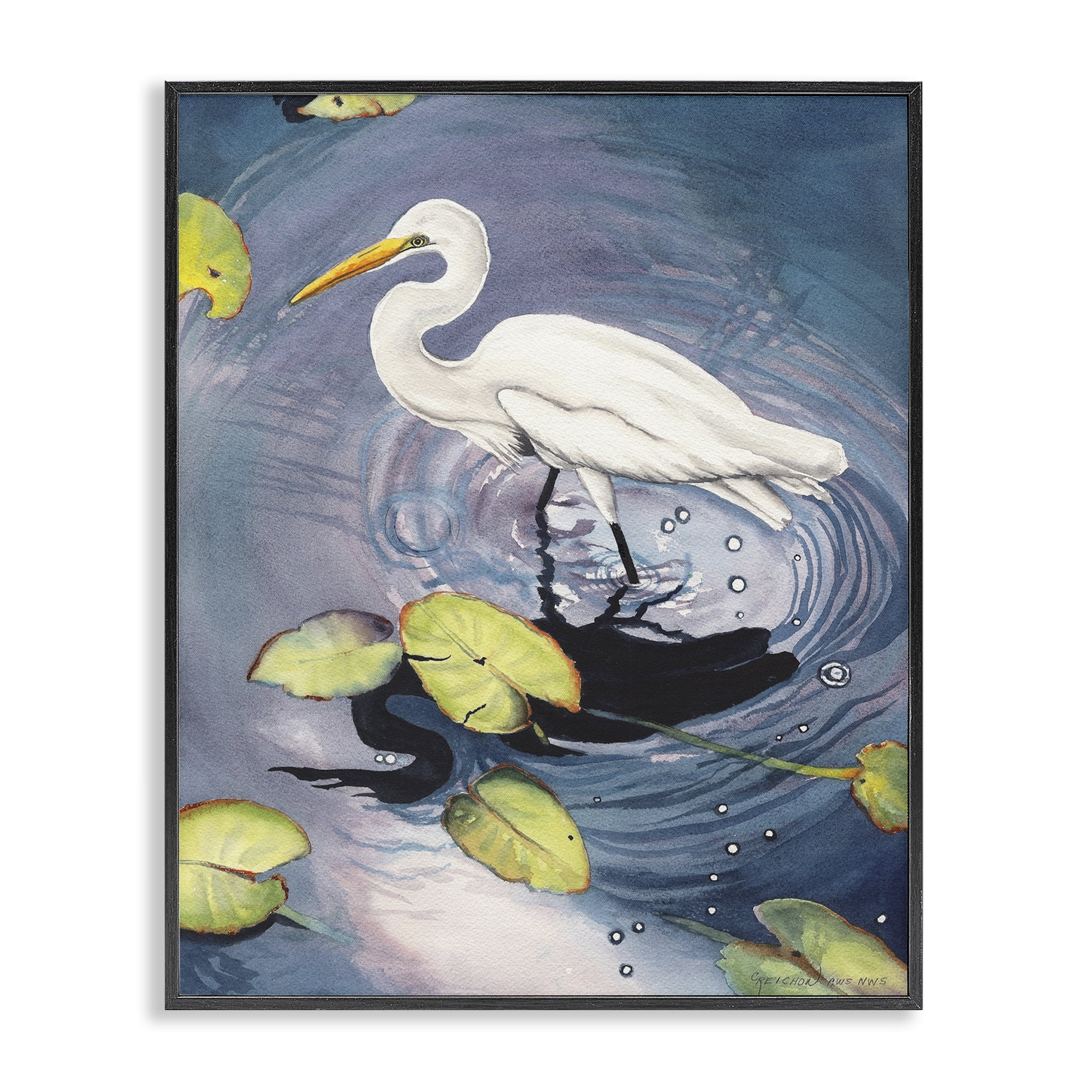Stupell Industries Heron with Pond Ripples Animals & Insects Painting Black Framed Art Print Wall Art, 16 x 20