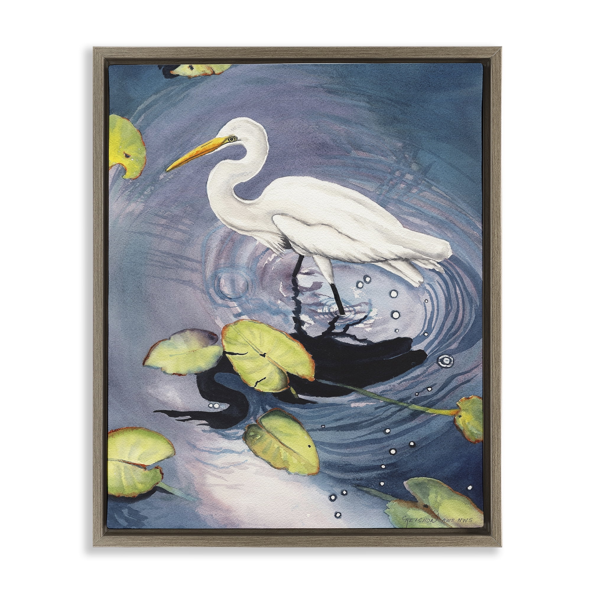 Stupell Industries Heron with Pond Ripples Animals & Insects Painting Brown Floater Framed Canvas Art Print Wall Art, 17 x 21