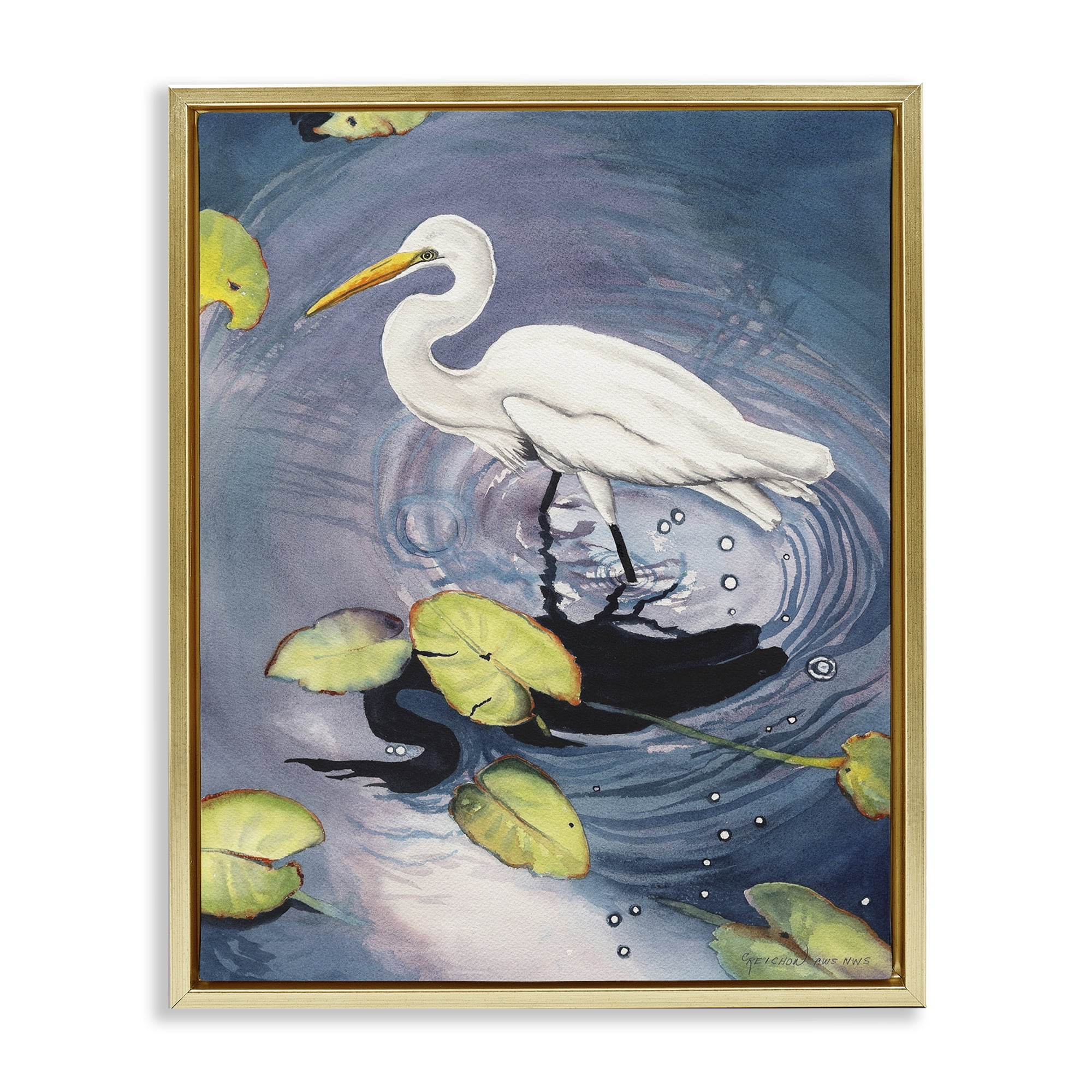 Stupell Industries Heron with Pond Ripples Animals & Insects Painting Gold Floater Framed Canvas Art Print Wall Art, 17 x 21