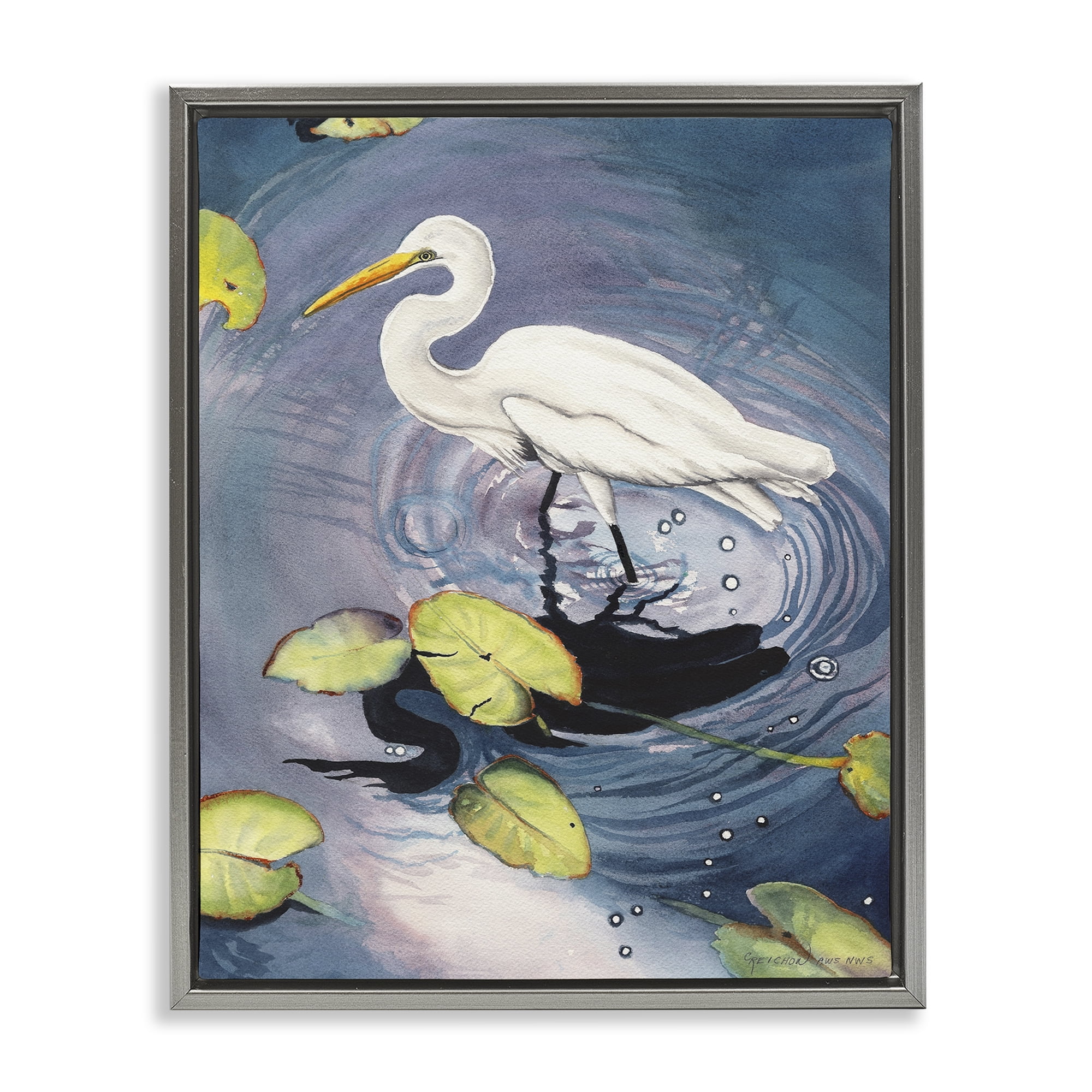 Stupell Industries Heron with Pond Ripples Animals & Insects Painting Gray Floater Framed Canvas Art Print Wall Art, 17 x 21