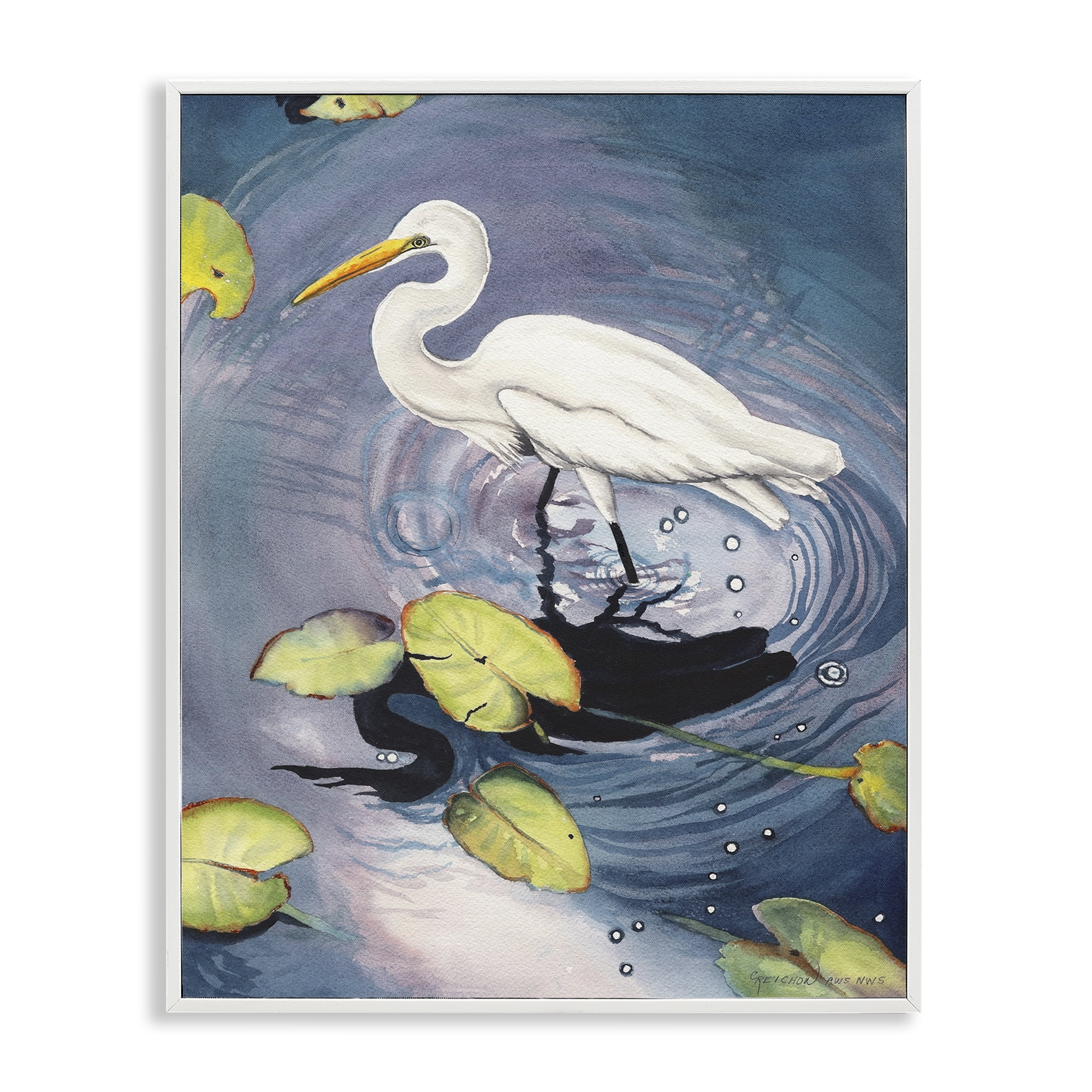 Stupell Industries Heron with Pond Ripples Animals & Insects Painting White Framed Art Print Wall Art, 24 x 30