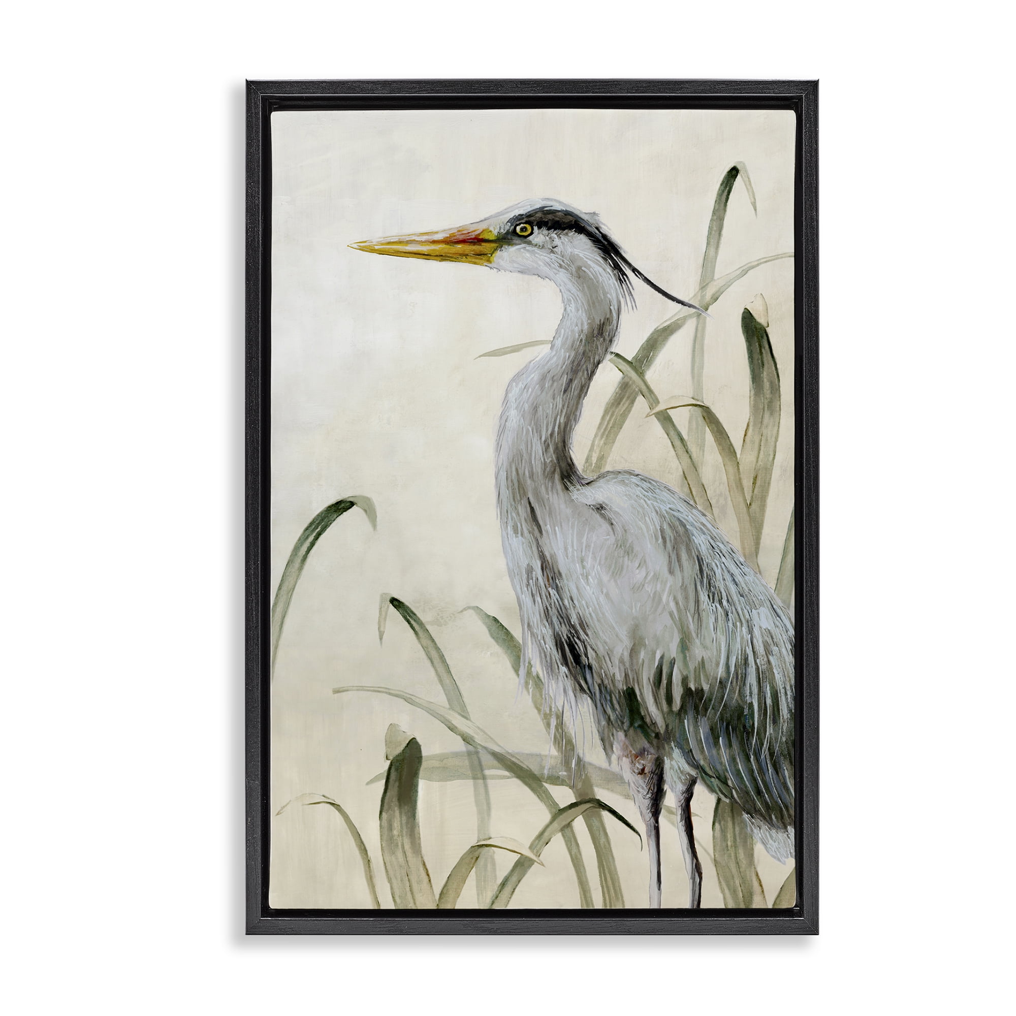 Stupell Industries Heron with Traditional Grasses Animals Painting Black Floater Framed Canvas Art Print Wall Art, 21 x 31