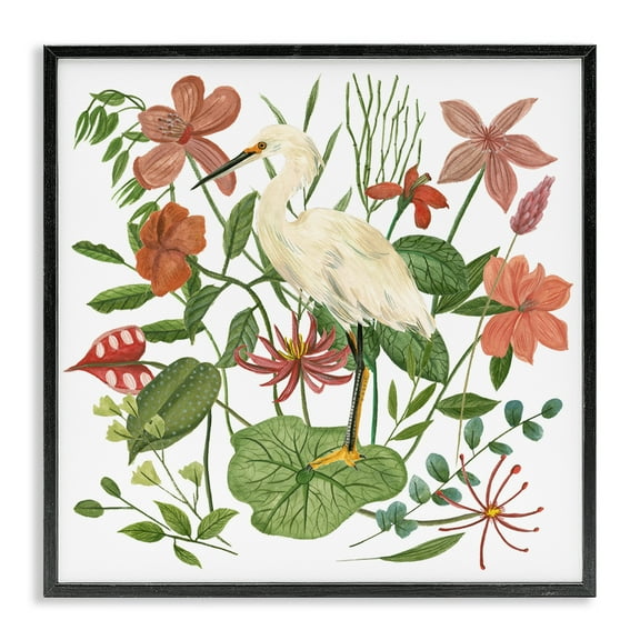 Stupell Industries Heron with Wild Florals Landscape Painting Black Framed Art Print Wall Art, 12 x 12