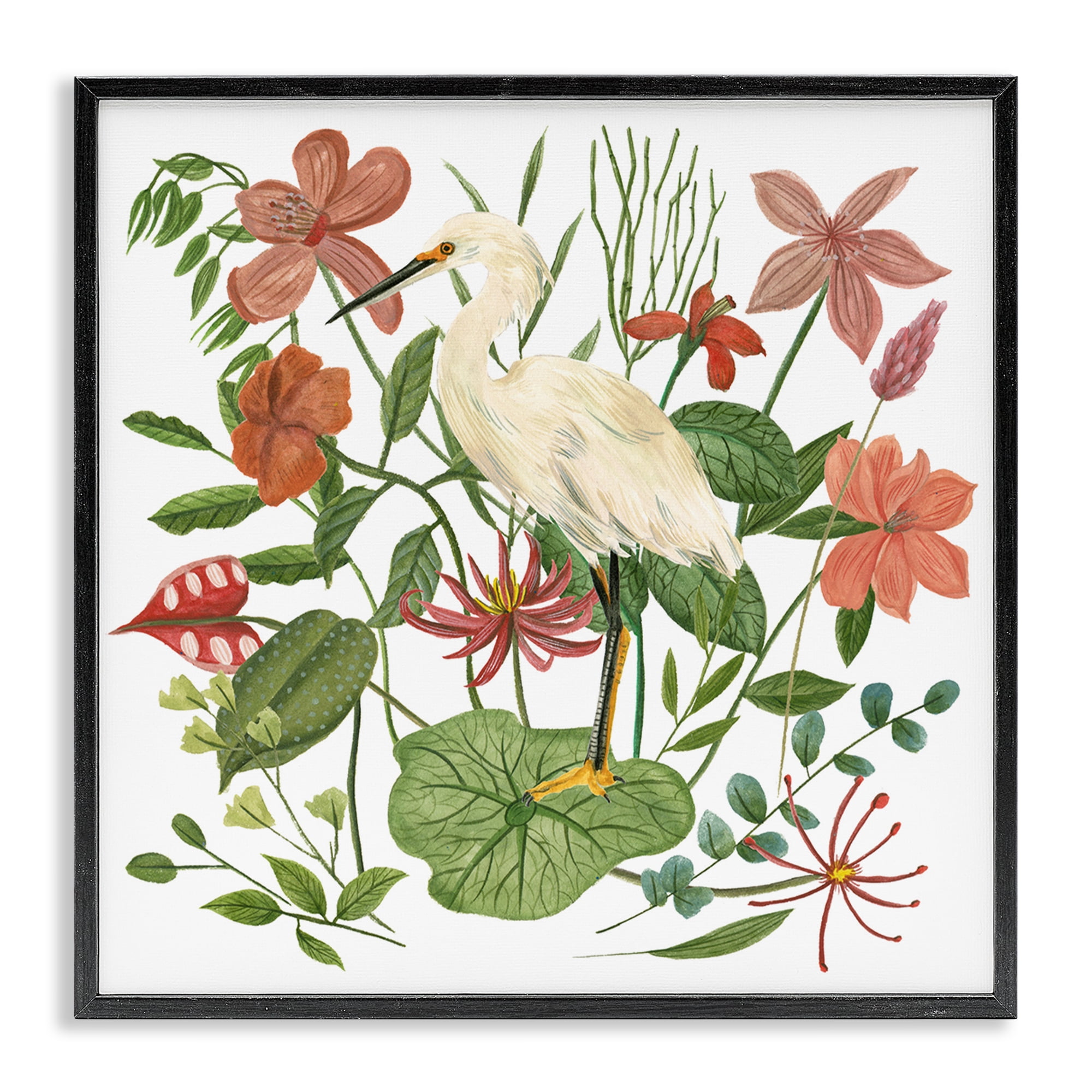 Stupell Industries Heron with Wild Florals Landscape Painting Black Framed Art Print Wall Art, 17 x 17