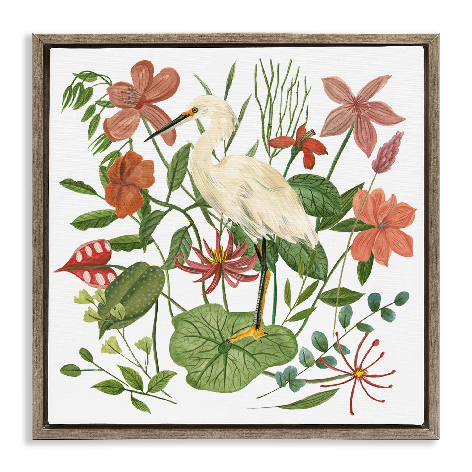 Stupell Industries Heron with Wild Florals Landscape Painting Brown Floater Framed Canvas Art Print Wall Art, 25 x 25