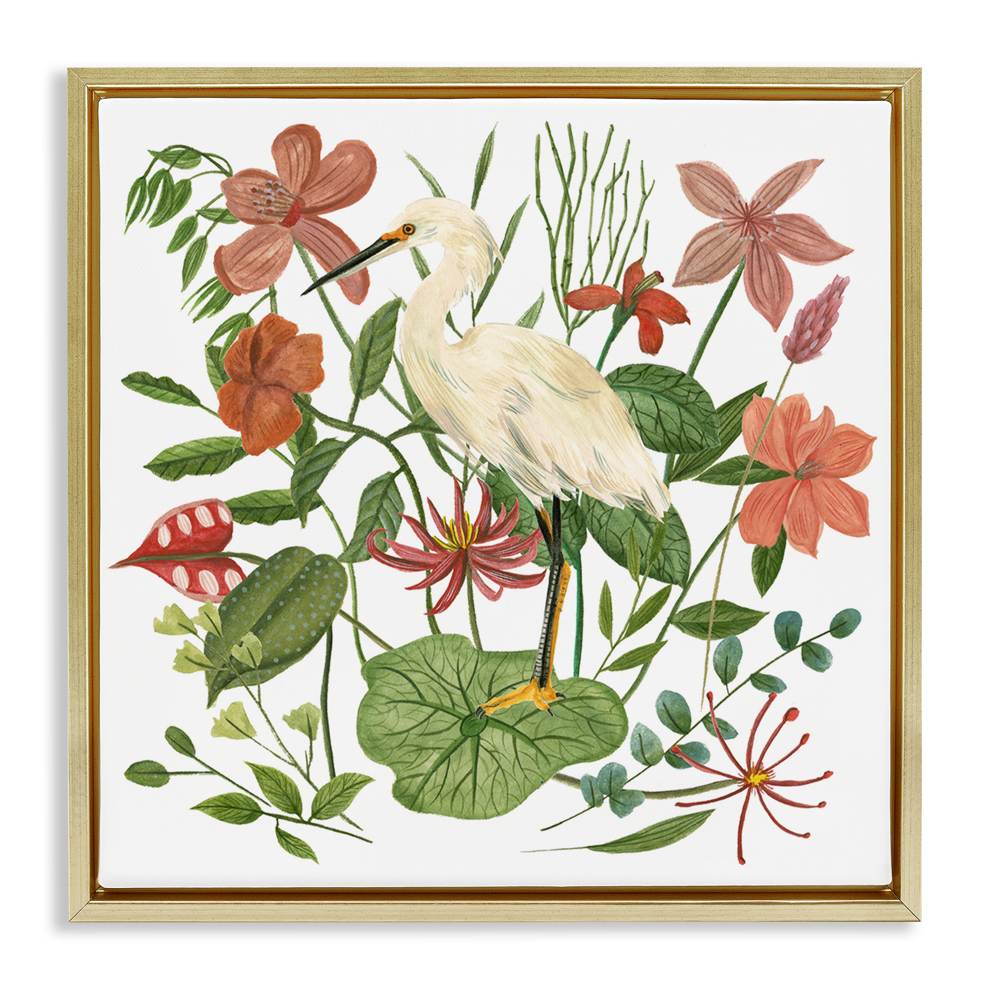 Stupell Industries Heron with Wild Florals Landscape Painting Gold Floater Framed Canvas Art Print Wall Art, 18 x 18