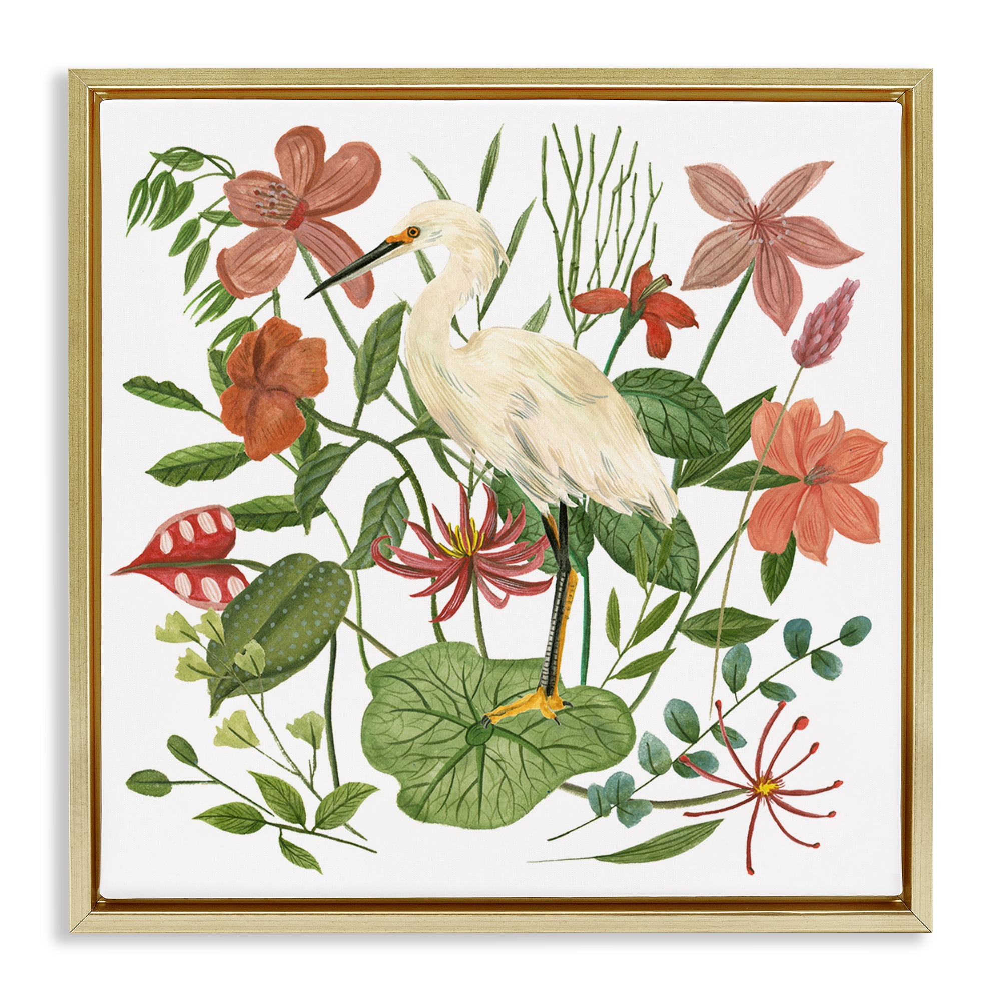 Stupell Industries Heron with Wild Florals Landscape Painting Gold Floater Framed Canvas Art Print Wall Art, 25 x 25