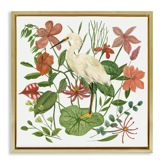 Stupell Industries Heron with Wild Florals Landscape Painting Gold Floater Framed Canvas Art Print Wall Art, 25 x 25