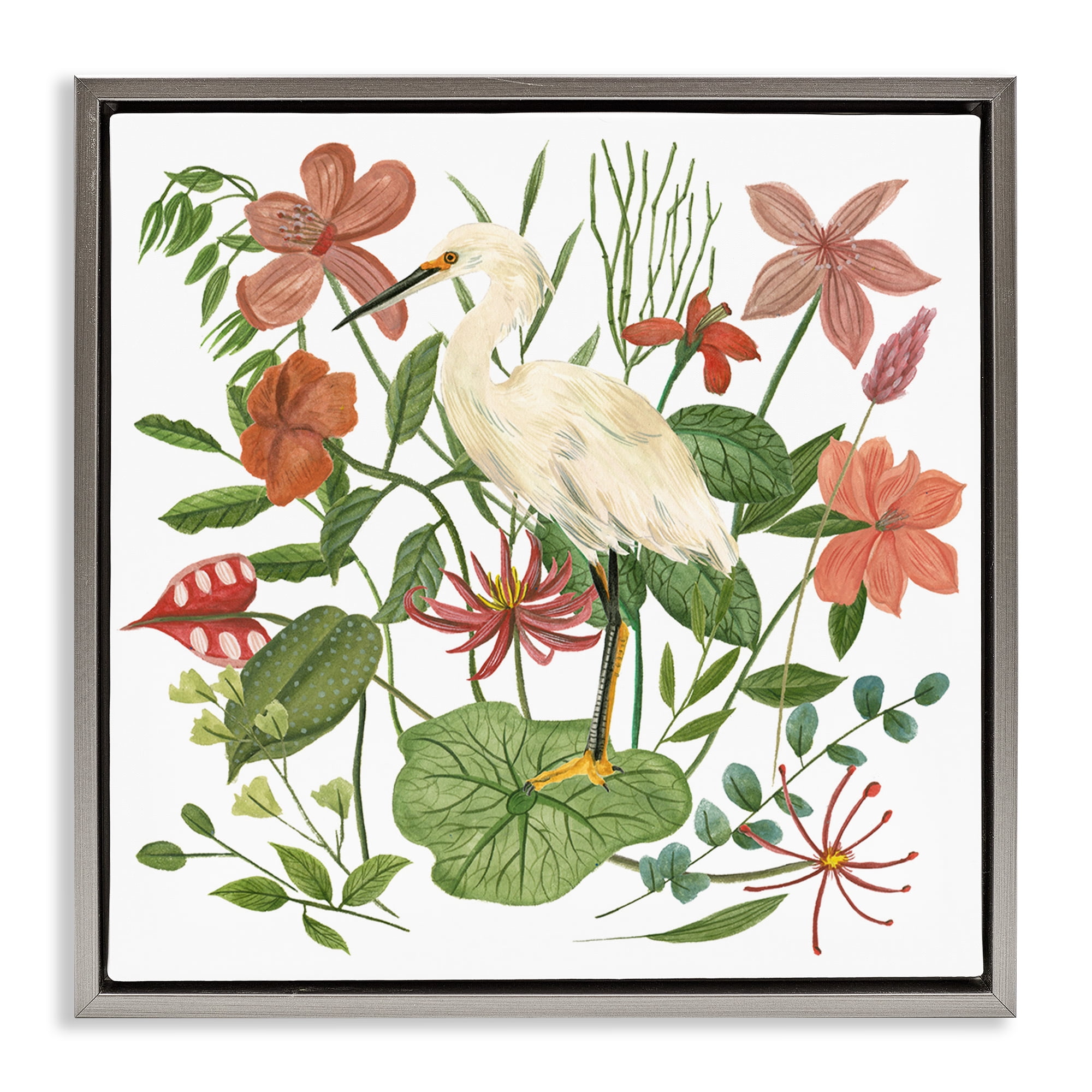 Stupell Industries Heron with Wild Florals Landscape Painting Gray Floater Framed Canvas Art Print Wall Art, 25 x 25